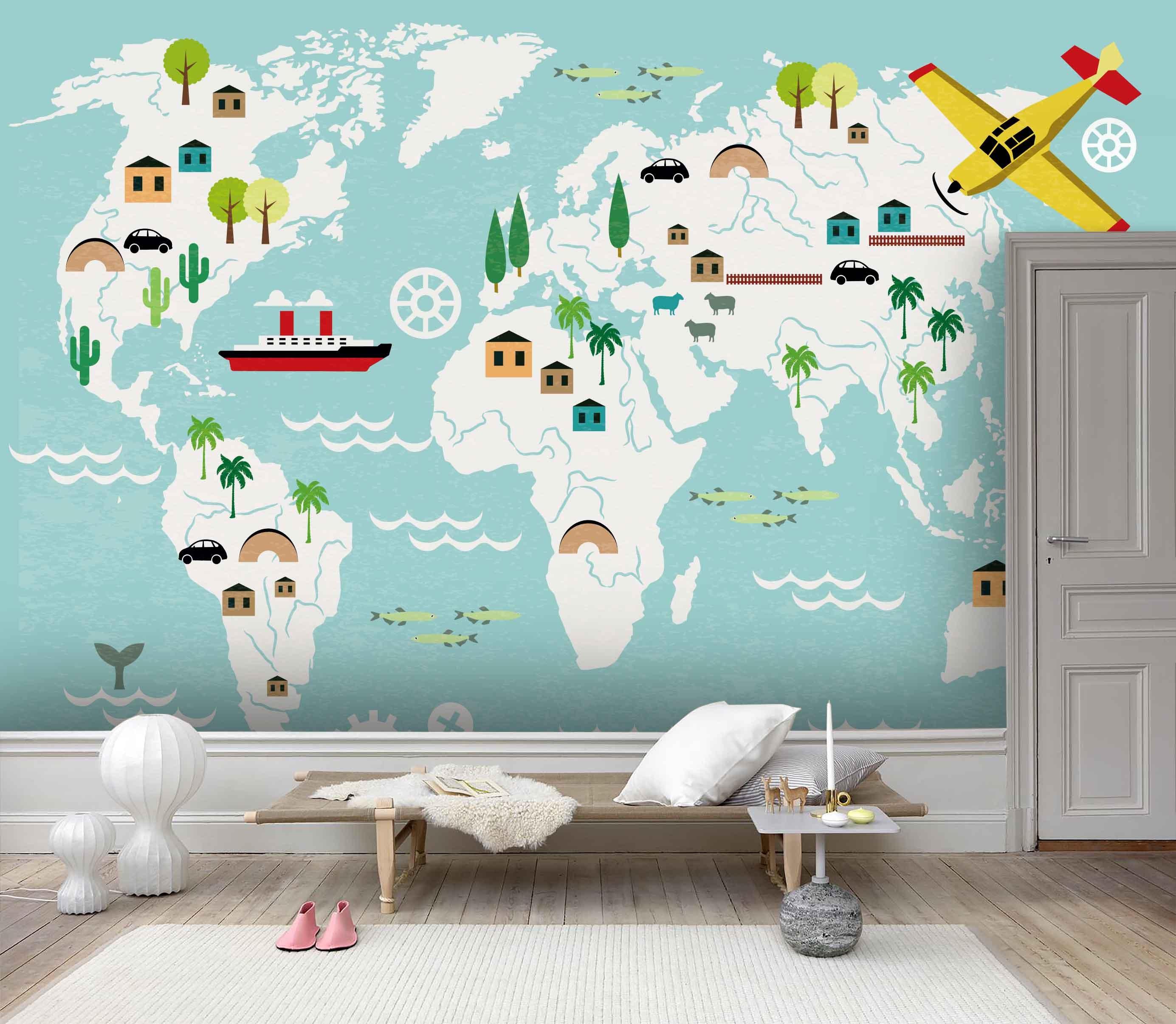 3D Kids, House, Ship, World map Wallpaper-Nursery- Jess Art Decoration
