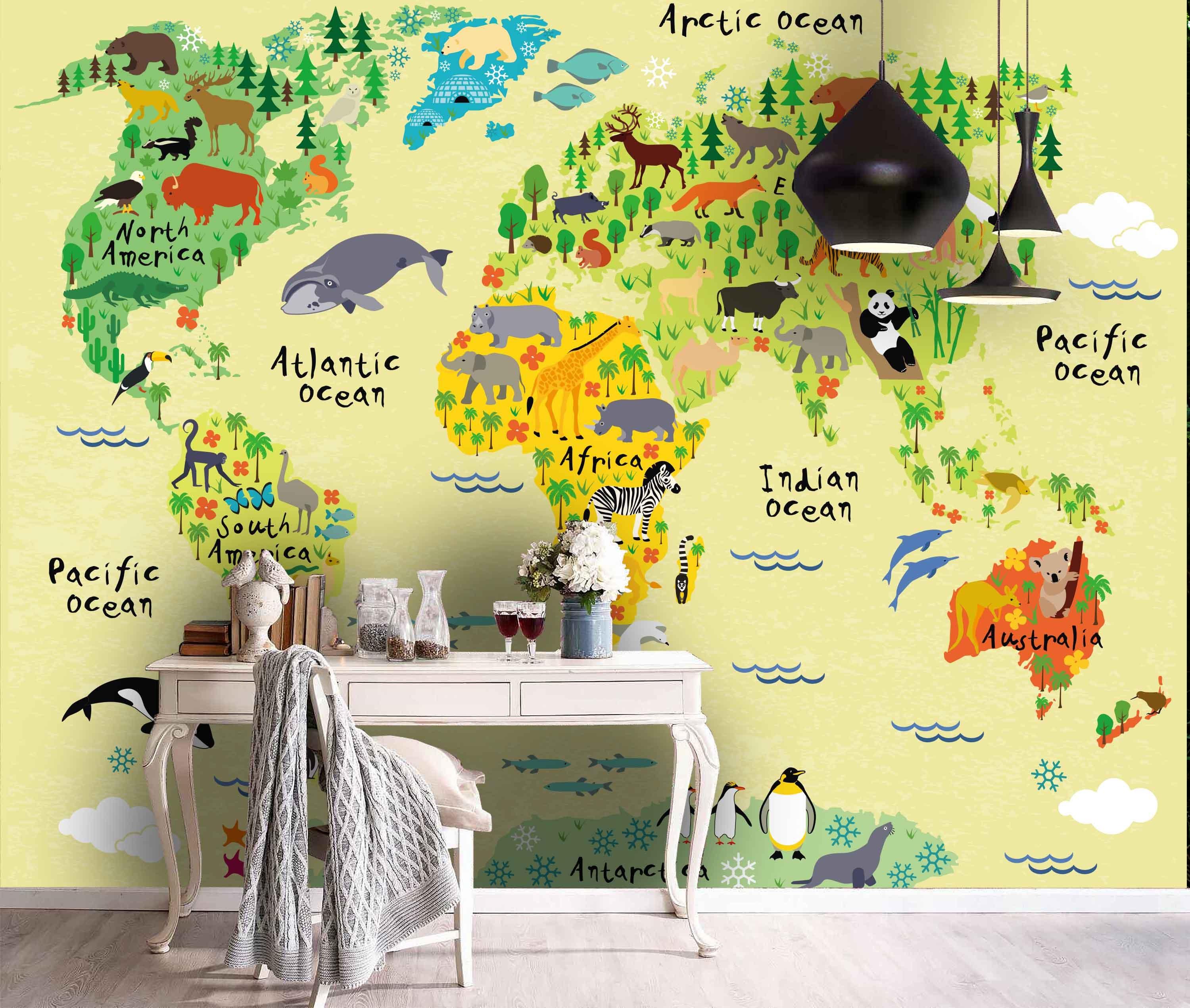 3D Kids, Tropical animal, World map Wallpaper-Nursery- Jess Art Decoration