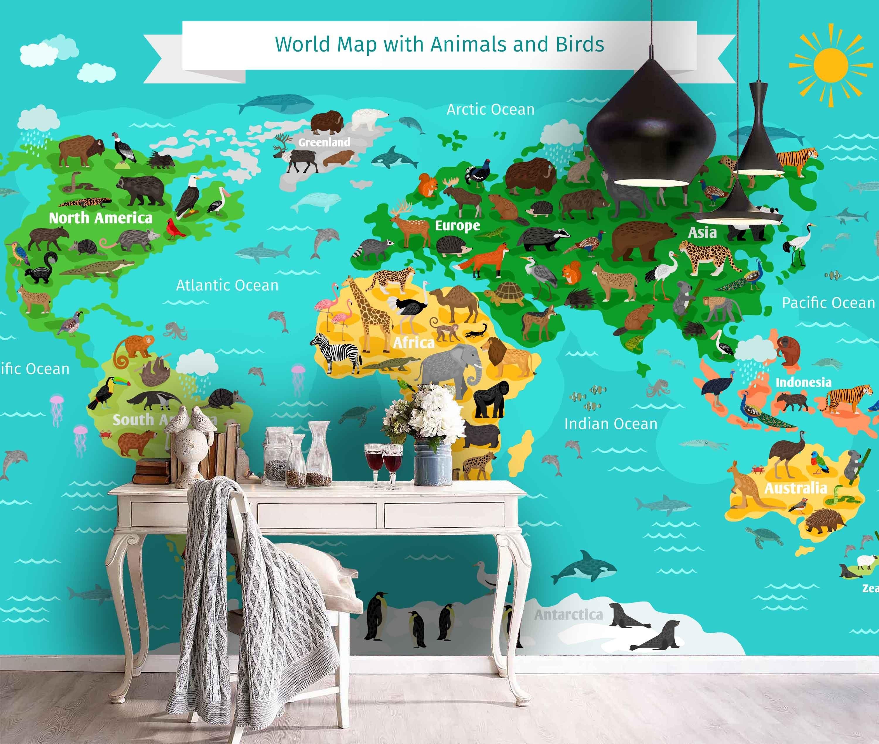 3D Kids, Cartoon animal, World map Wallpaper-Nursery- Jess Art Decoration