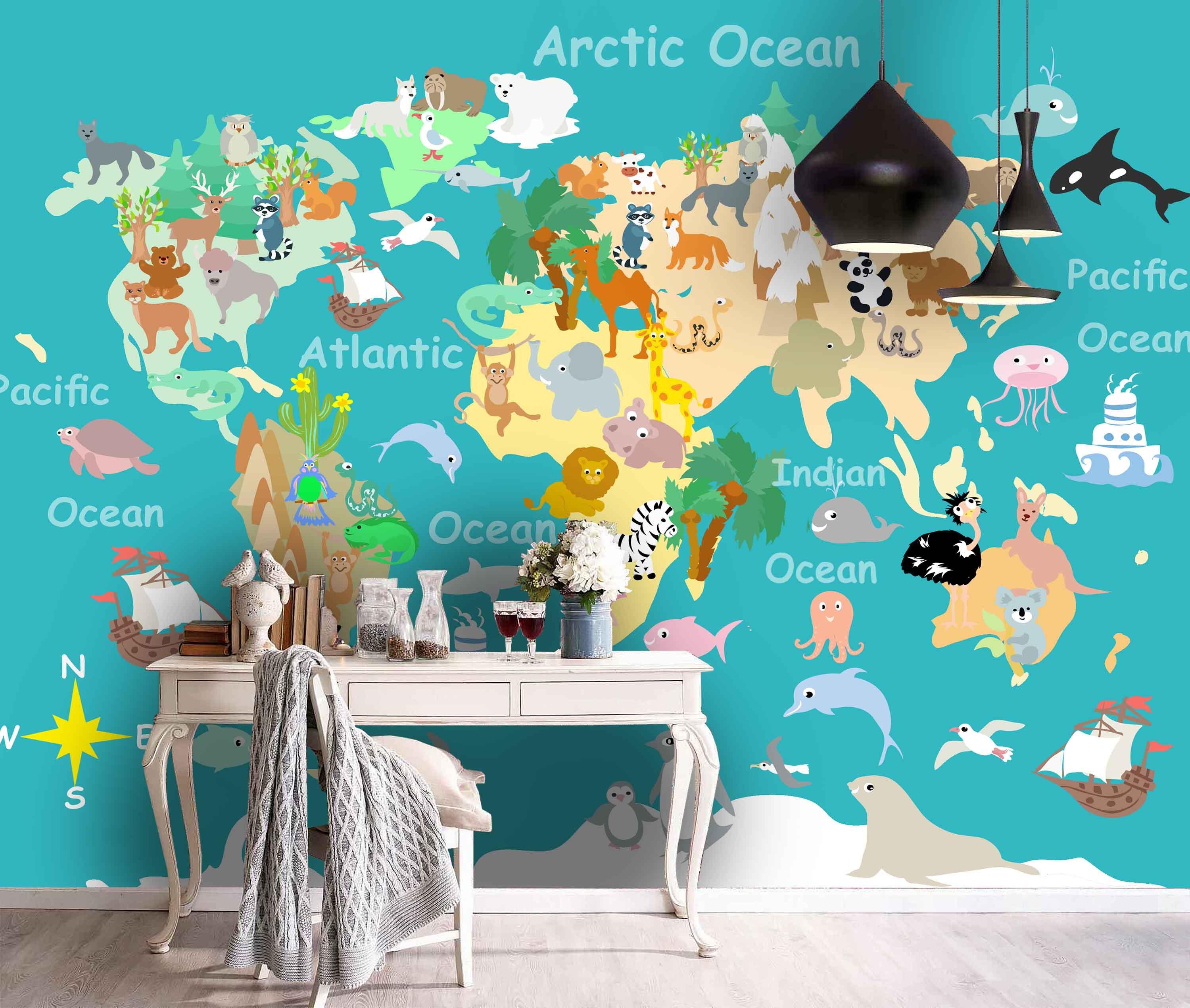 3D Kids, Animal, World map Wallpaper-Nursery- Jess Art Decoration