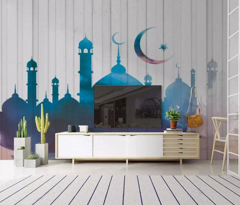 3D Blue-tones, Illustration style, Muslim architecture Wallpaper- Jess Art Decoration
