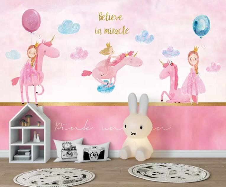 3D Kids, Pink-tones, Cartoon unicorn Wallpaper-Nursery- Jess Art Decoration