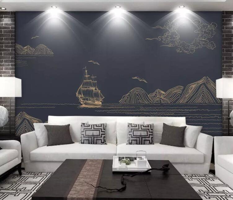 3D Chinese style, Landscape, Golden lines Wallpaper- Jess Art Decoration