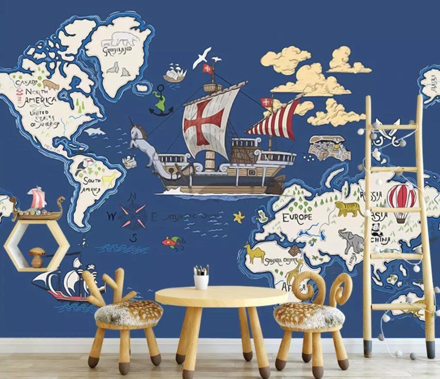 3D Kids, Cartoon, World map Wallpaper-Nursery- Jess Art Decoration