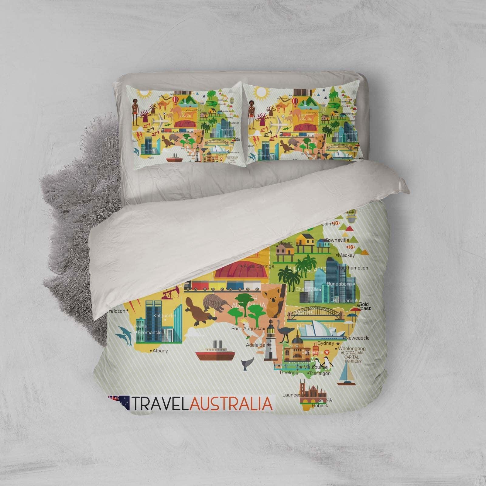 3D Cartoon, Map of Australia Bedding Set Quilt Cover Quilt Duvet Cover ,Pillowcases Personalized  Bedding,Queen, King ,Full, Double 3 Pcs- Jess Art Decoration