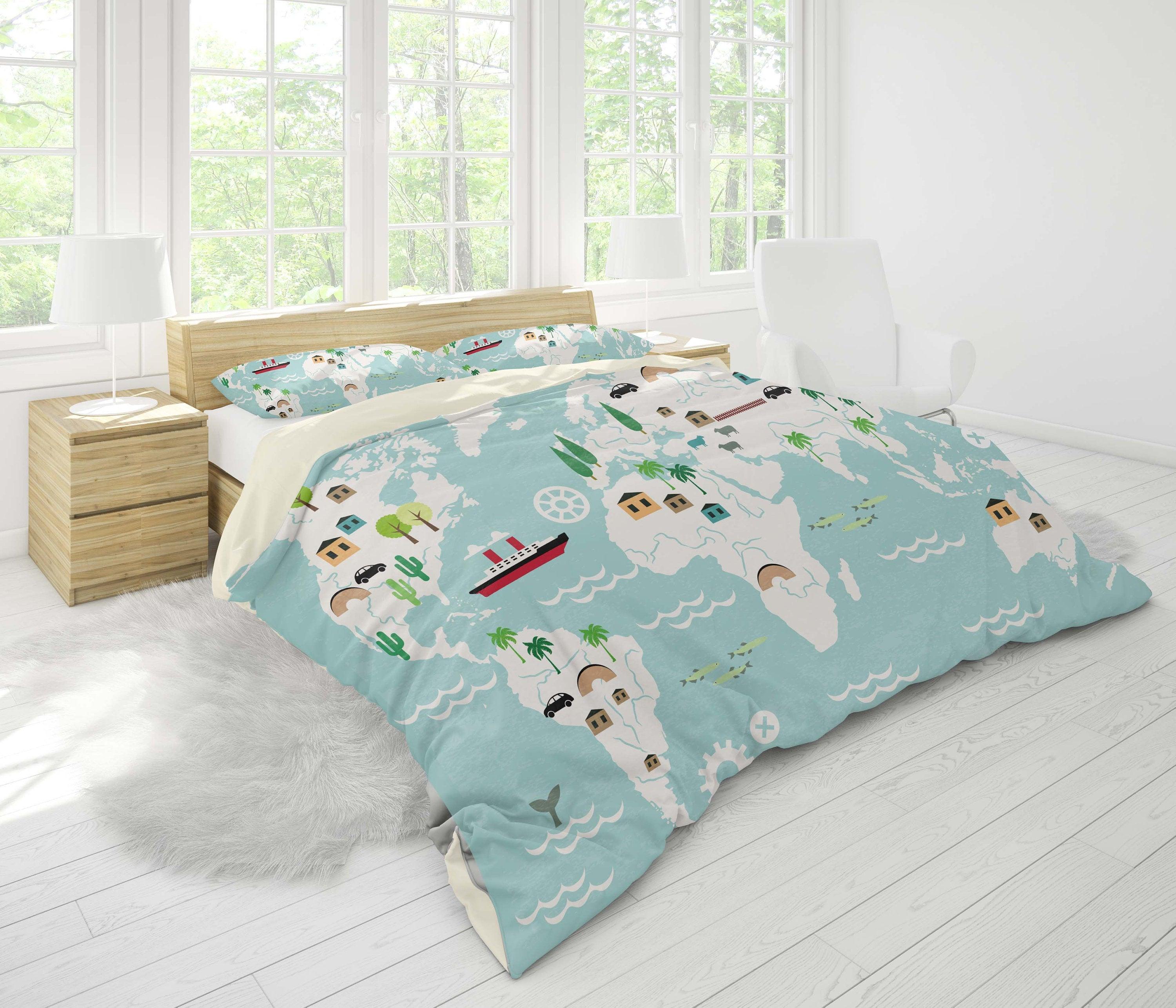 3D Blue-tones, World map Bedding Set Quilt Cover Quilt Duvet Cover ,Pillowcases Personalized  Bedding,Queen, King ,Full, Double 3 Pcs- Jess Art Decoration