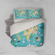 3D Cartoon,Blue-tones,World map Bedding Set Quilt Cover Quilt Duvet Cover ,Pillowcases Personalized  Bedding,Queen, King ,Full, Double 3 Pcs- Jess Art Decoration
