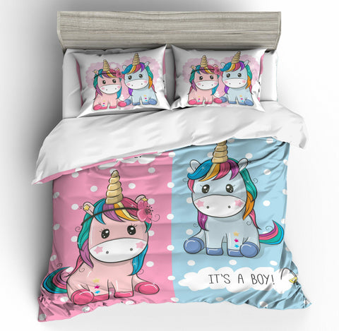 3D Cartoon Pink and blue Unicorn Bedding Set Quilt Cover Quilt Duvet Cover Pillowcases Personalized  Bedding Queen  King  Full  Double 3 Pcs- Jess Art Decoration