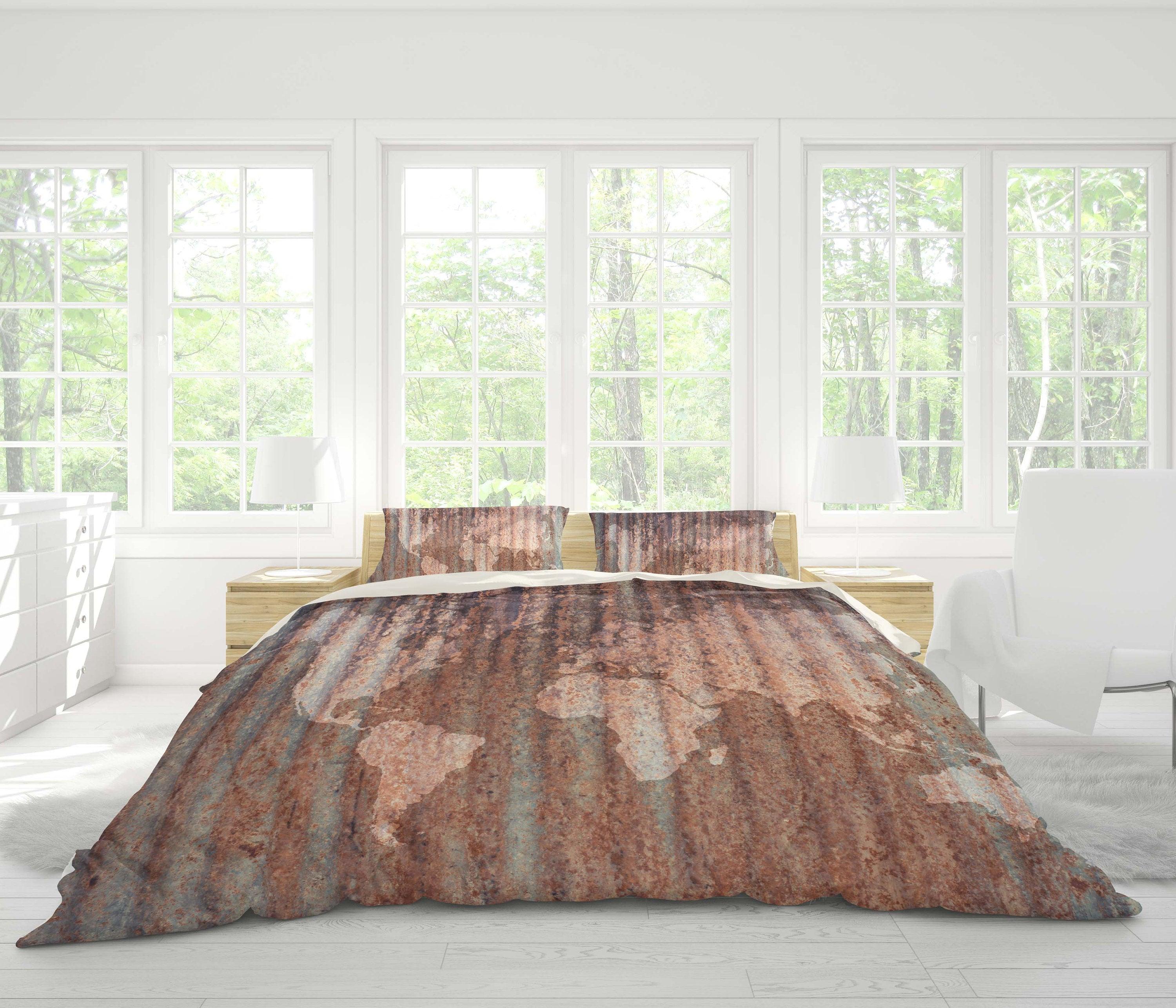 3D Iron, World map Bedding Set Quilt Cover Quilt Duvet Cover ,Pillowcases Personalized  Bedding,Queen, King ,Full, Double 3 Pcs- Jess Art Decoration