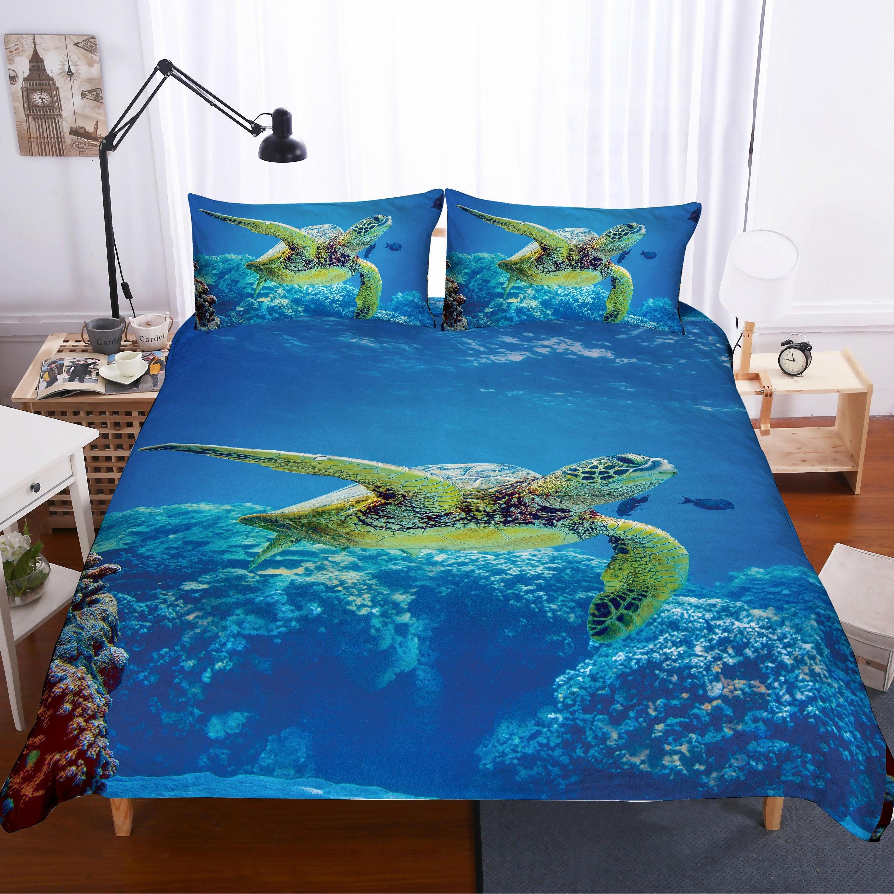 3D Sea world  Sea turtle Bedding Set Quilt Cover Quilt Duvet Cover Pillowcases Personalized  Bedding Queen  King  Full  Double 3 Pcs- Jess Art Decoration