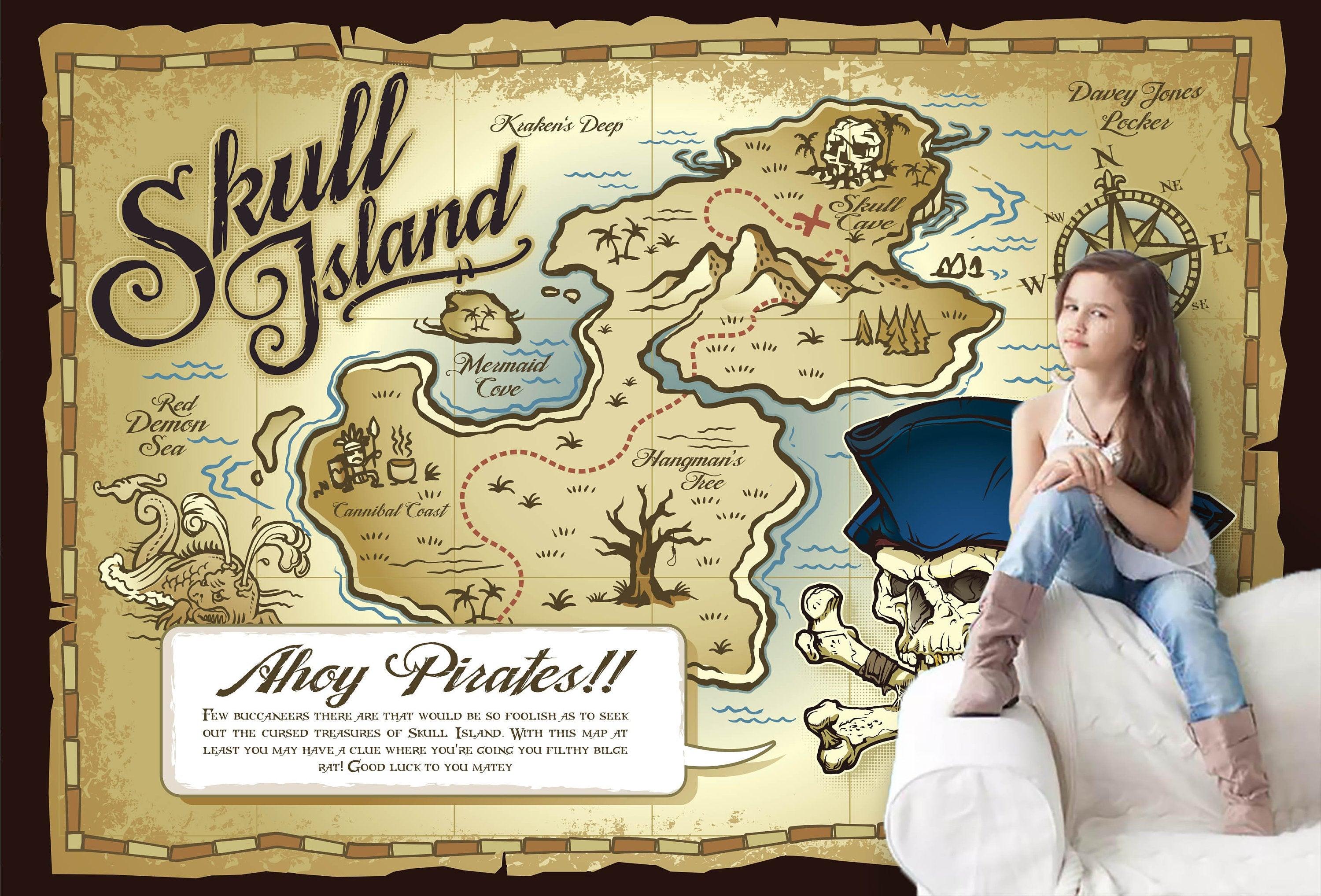 3D Vintage, Skull Island, Treasure Map Wallpaper- Jess Art Decoration