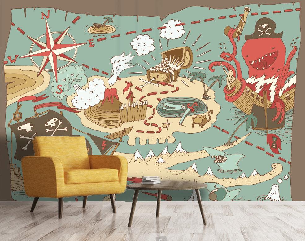 3D Hand drawn, Island Treasure, Pirate Map Wallpaper- Jess Art Decoration