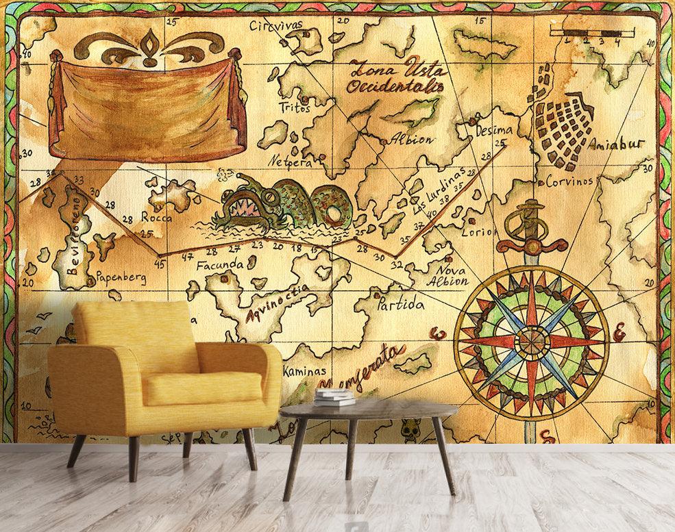 3D Hand drawn,Sailing ship, Old pirate map Wallpaper- Jess Art Decoration