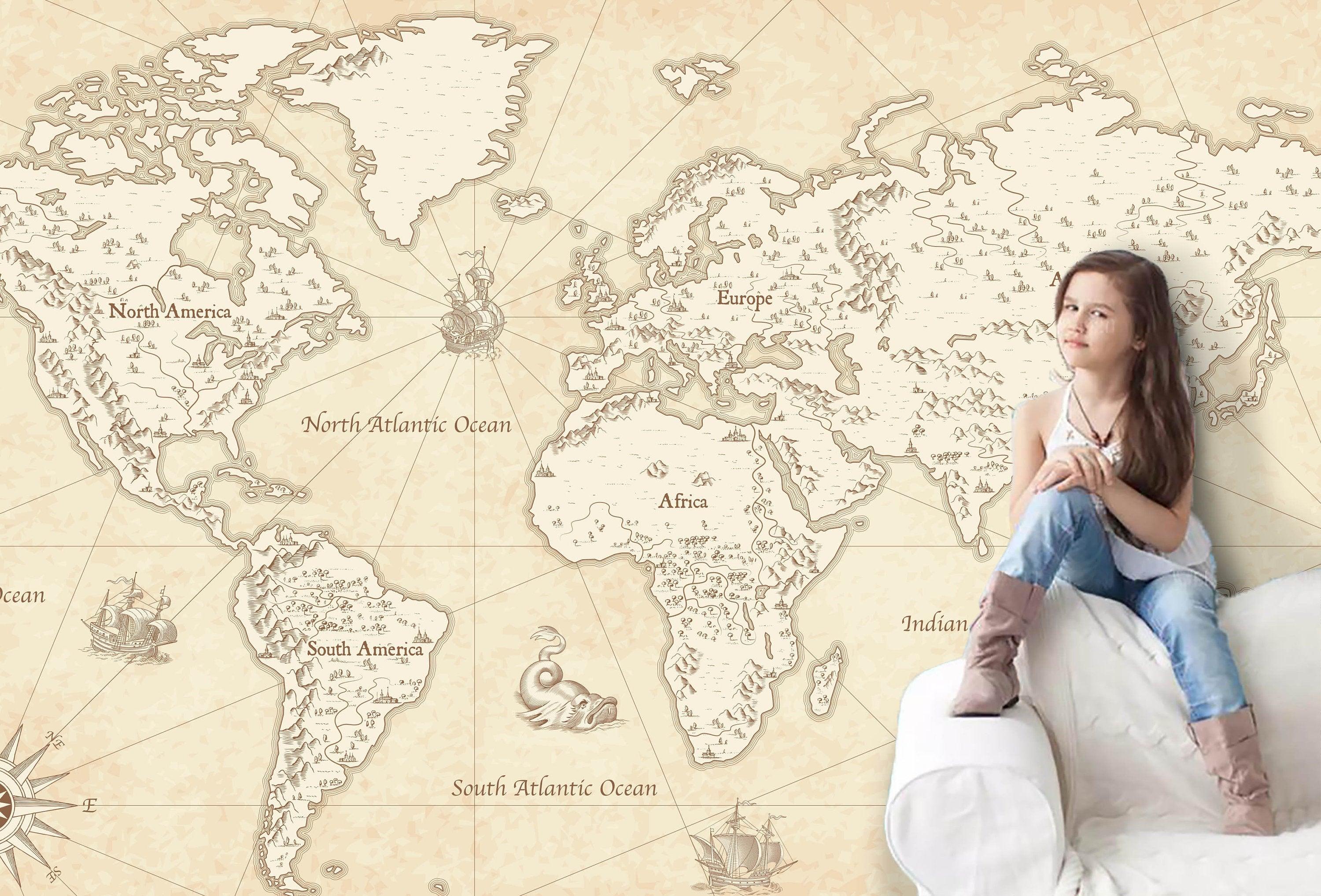 3D Vintage style, Illustration, Old parchment, World map Wallpaper- Jess Art Decoration
