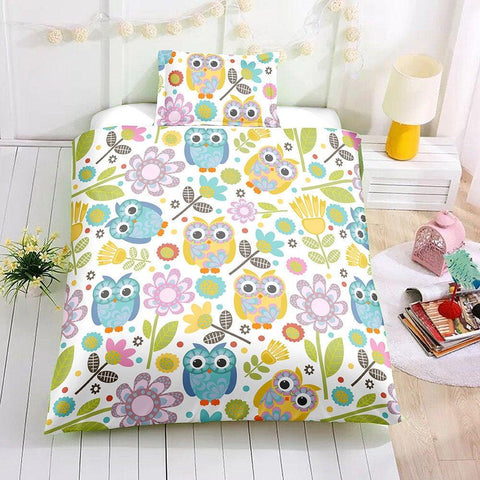 3D Owl Kids Pattern Flower Duvet Cover Bedding Set Quilt Cover Pillowcases Personalized  Bedding Queen  King  Full  Double 3 Pcs- Jess Art Decoration