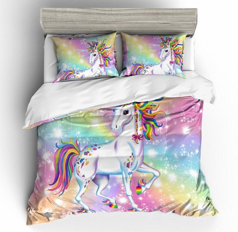 3D Cartoon Kids Rainbow Unicorn  Quilt Cover Set Bedding Set Pillowcases- Jess Art Decoration