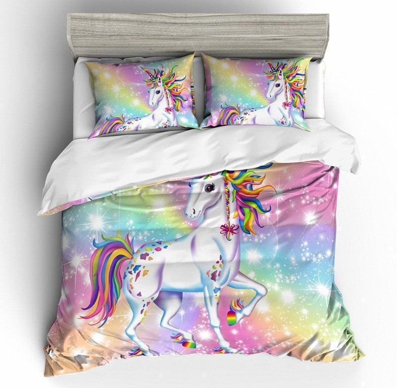 3D Cartoon Kids Rainbow Unicorn  Quilt Cover Set Bedding Set Pillowcases- Jess Art Decoration
