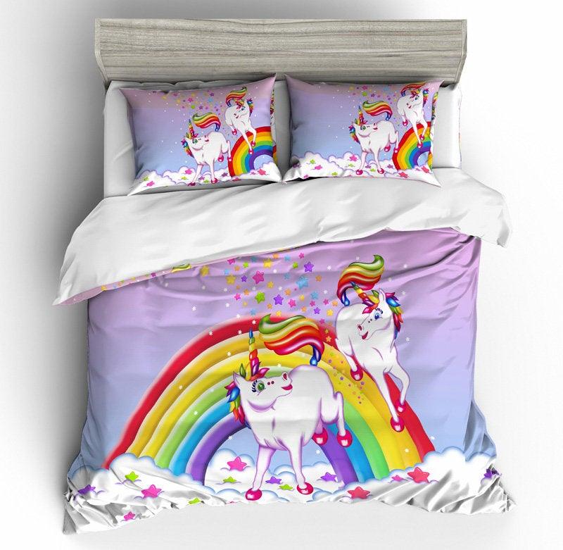 3D Kids Purple Rainbow Unicorn  Quilt Cover Set Bedding Set Pillowcases- Jess Art Decoration