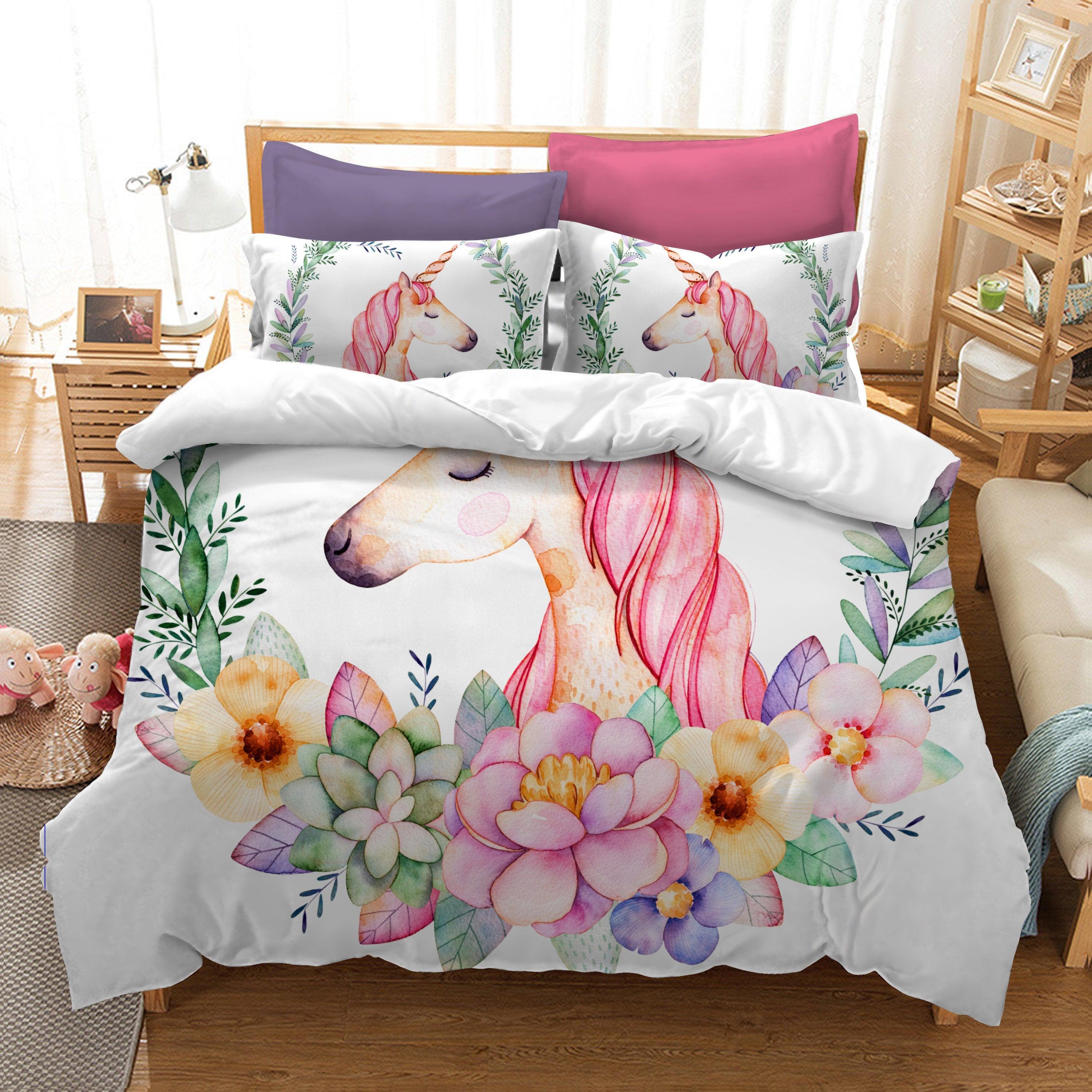 3D White Cartoon Kids Flower Unicorn Bedding Set Quilt Duvet Cover ,Pillowcases Personalized  Bedding,Queen, King ,Full, Double 3 Pcs- Jess Art Decoration