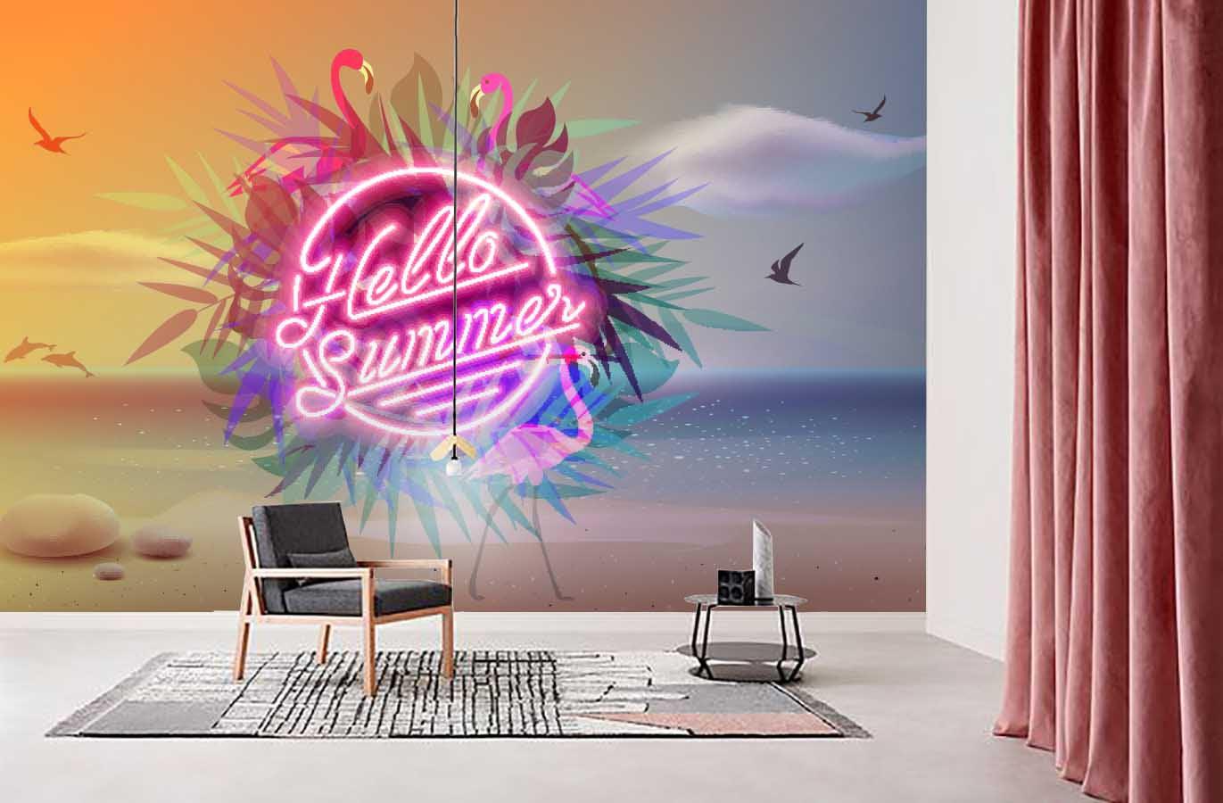 3D Tropical, Cartoon, Beach, Flamingo Wallpaper- Jess Art Decoration