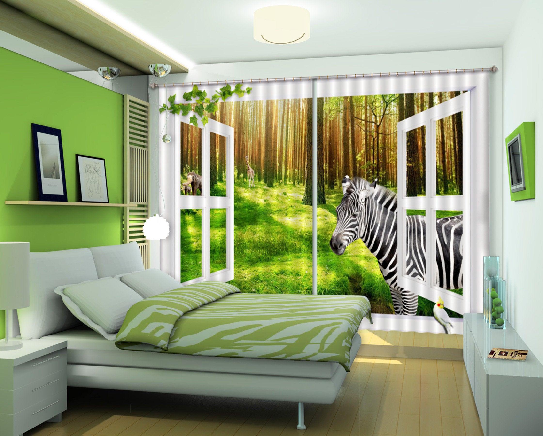 3D Zebra With Trees C168 Blockout Photo Curtain Print Curtains Drapes Fabric Window | 3D Large Photo Curtain, Jess Art Decoration Wallpaper- Jess Art Decoration