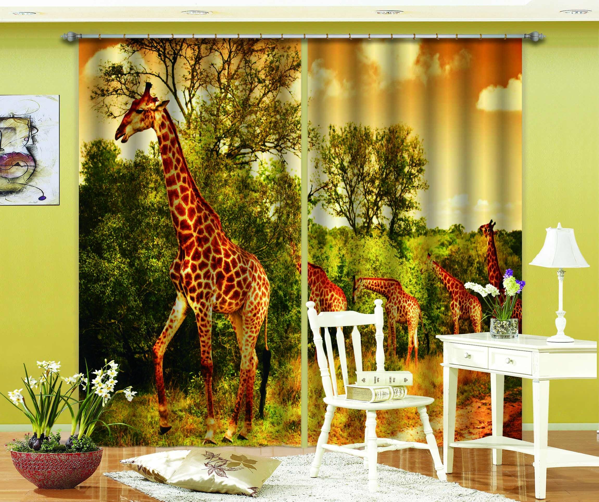 3D Giraffe With Plants C269 Blockout Photo Curtain Print Curtains Drapes Fabric Window | 3D Large Photo Curtain, Jess Art Decoration Wallpaper- Jess Art Decoration