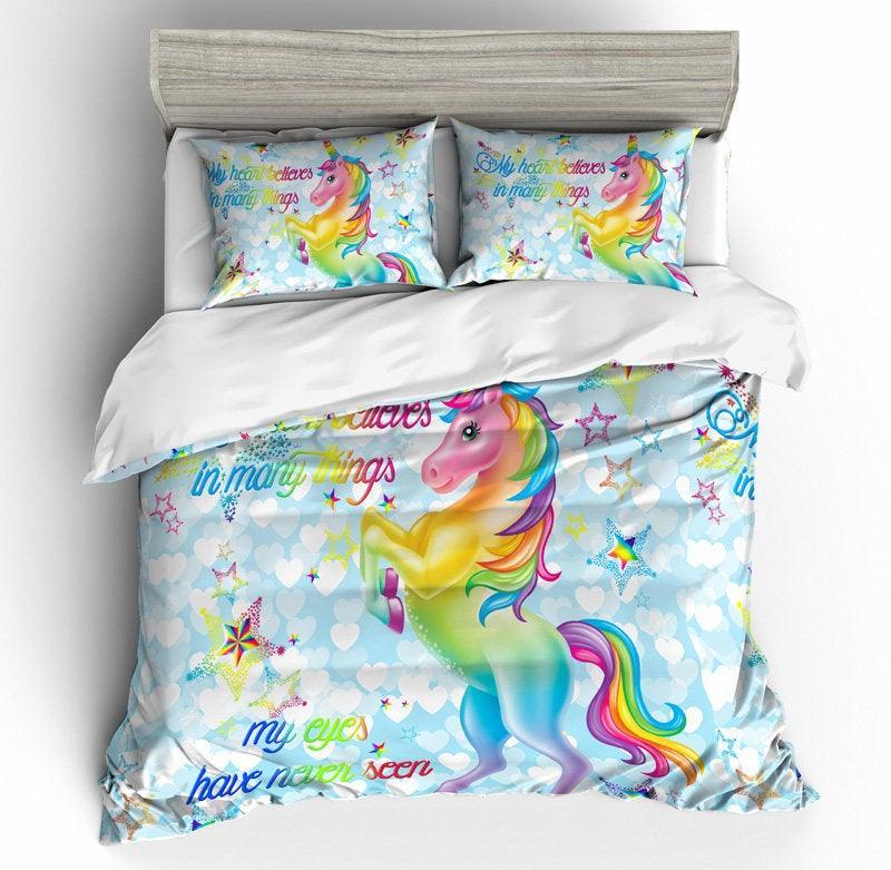 3D Cartoon Kids Rainbow Unicorn Star Bedding Set Quilt Duvet Cover  Pillowcases Personalized  Bedding Queen  King  Full  Double 3 Pcs- Jess Art Decoration