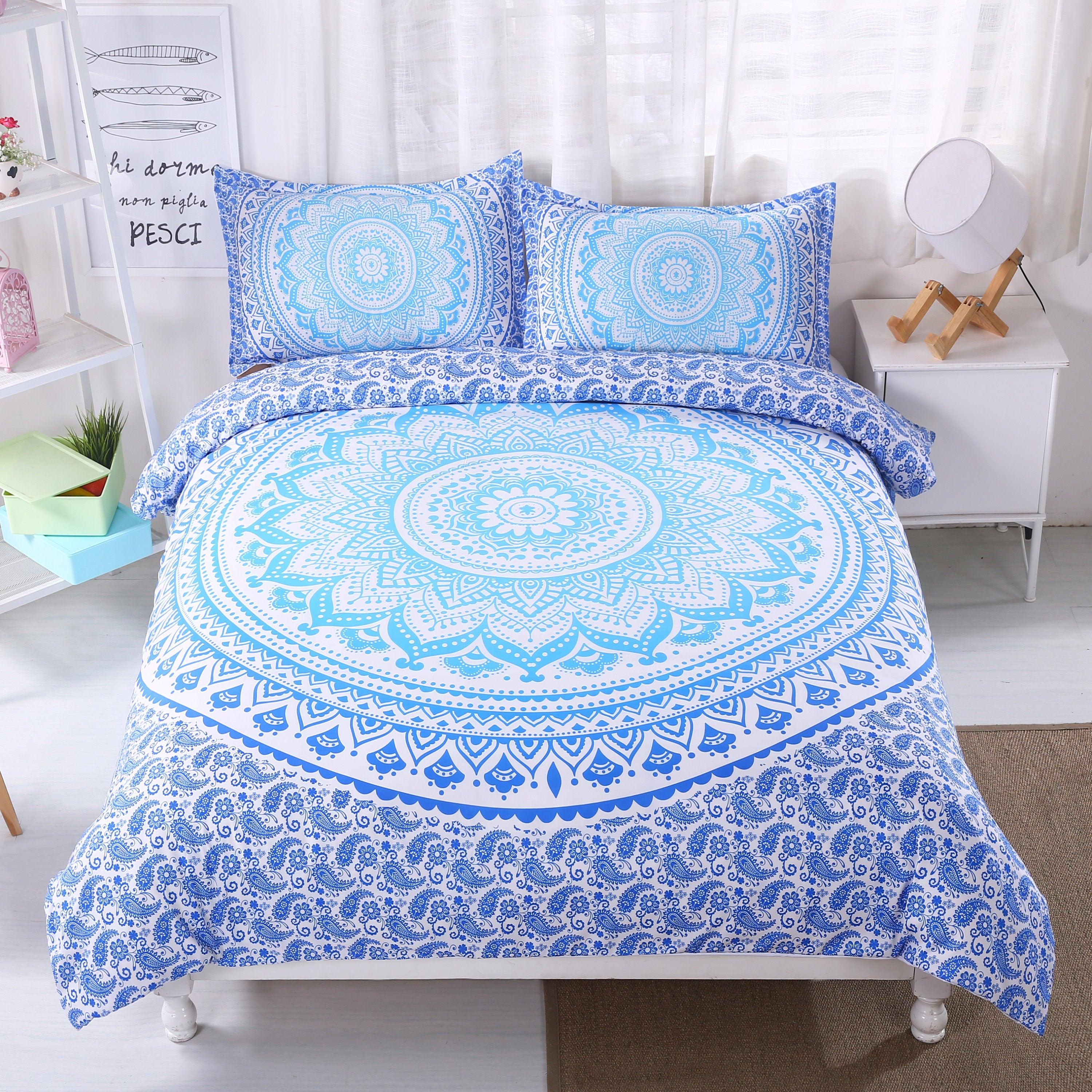 3D Bohemian Mandalas Blue Flower Bedding Set Quilt Cover Quilt Duvet Cover ,Pillowcases Personalized Bedding,Queen, King ,Full, Double 3 Pcs- Jess Art Decoration