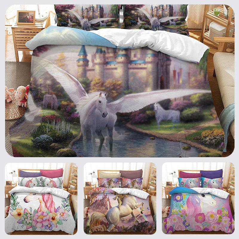 3D White Cartoon Kids Flower Unicorn Bedding Set Quilt Duvet Cover ,Pillowcases Personalized  Bedding,Queen, King ,Full, Double 3 Pcs- Jess Art Decoration