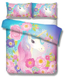 3D Cartoon Kids Flower Unicorn Bedding Set Quilt Cover Quilt Duvet Cover ,Pillowcases Personalized  Bedding,Queen, King ,Full, Double 3 Pcs- Jess Art Decoration