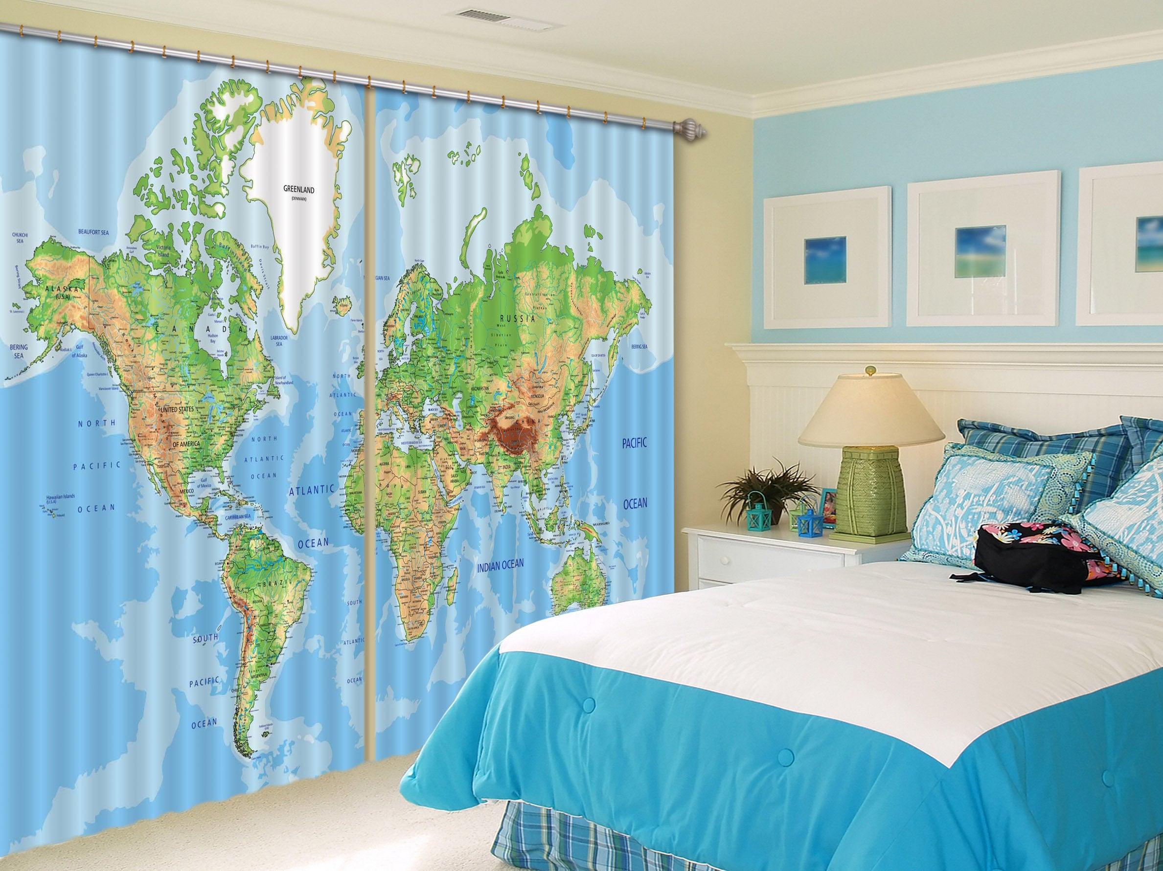 3D Big World Map C138 Blockout Photo Curtain Print Curtains Drapes Fabric Window | 3D Large Photo Curtain, Jess Art Decoration Wallpaper- Jess Art Decoration