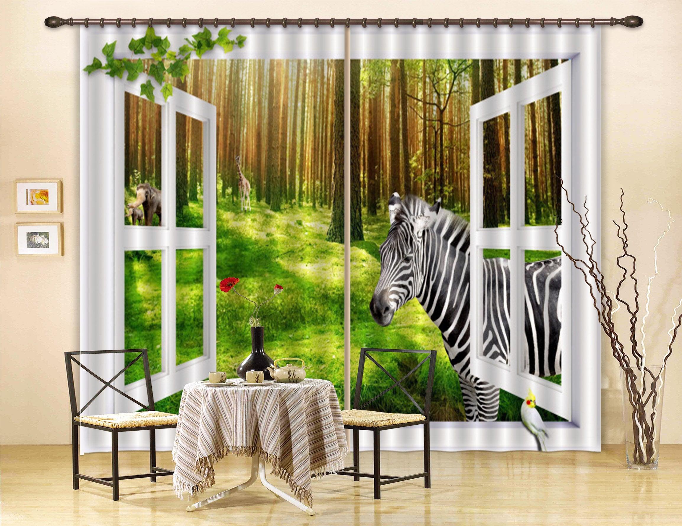 3D Zebra With Trees C168 Blockout Photo Curtain Print Curtains Drapes Fabric Window | 3D Large Photo Curtain, Jess Art Decoration Wallpaper- Jess Art Decoration