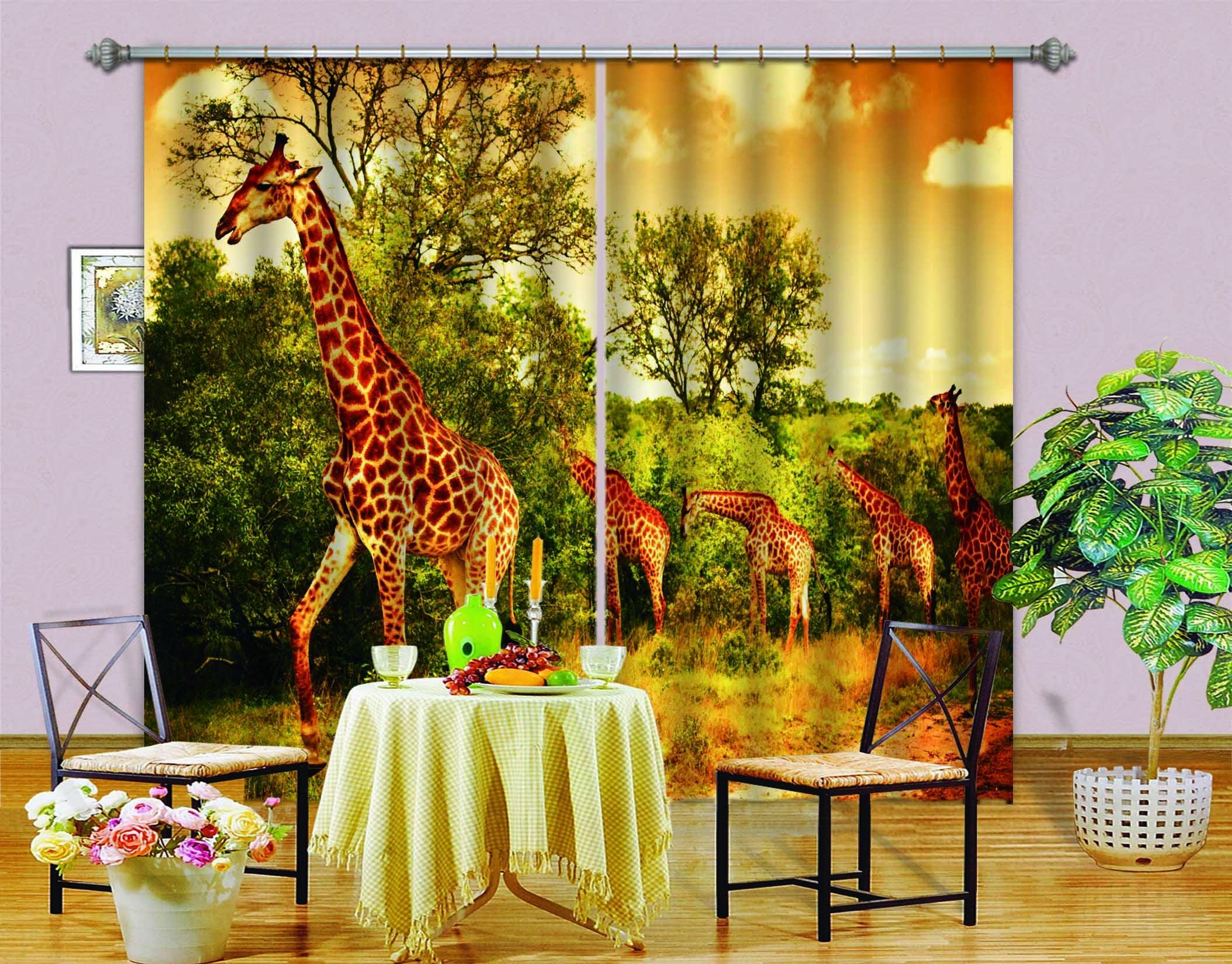 3D Giraffe With Plants C269 Blockout Photo Curtain Print Curtains Drapes Fabric Window | 3D Large Photo Curtain, Jess Art Decoration Wallpaper- Jess Art Decoration