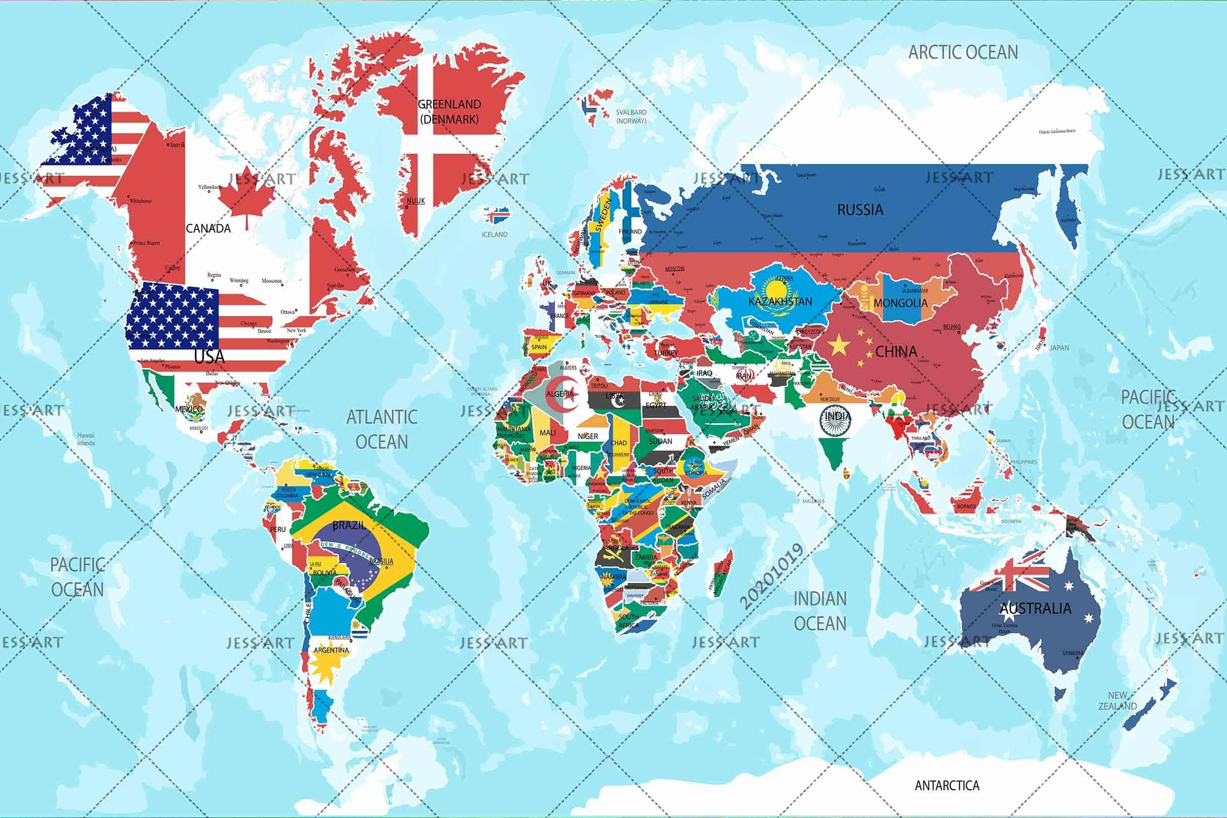 3D Map World Flags Countries Flowers Wall Mural Wallpaper WJ 9438- Jess Art Decoration