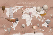 3D Brown World Map Hot Air Balloon Wall Mural Wallpaper LQH 84- Jess Art Decoration