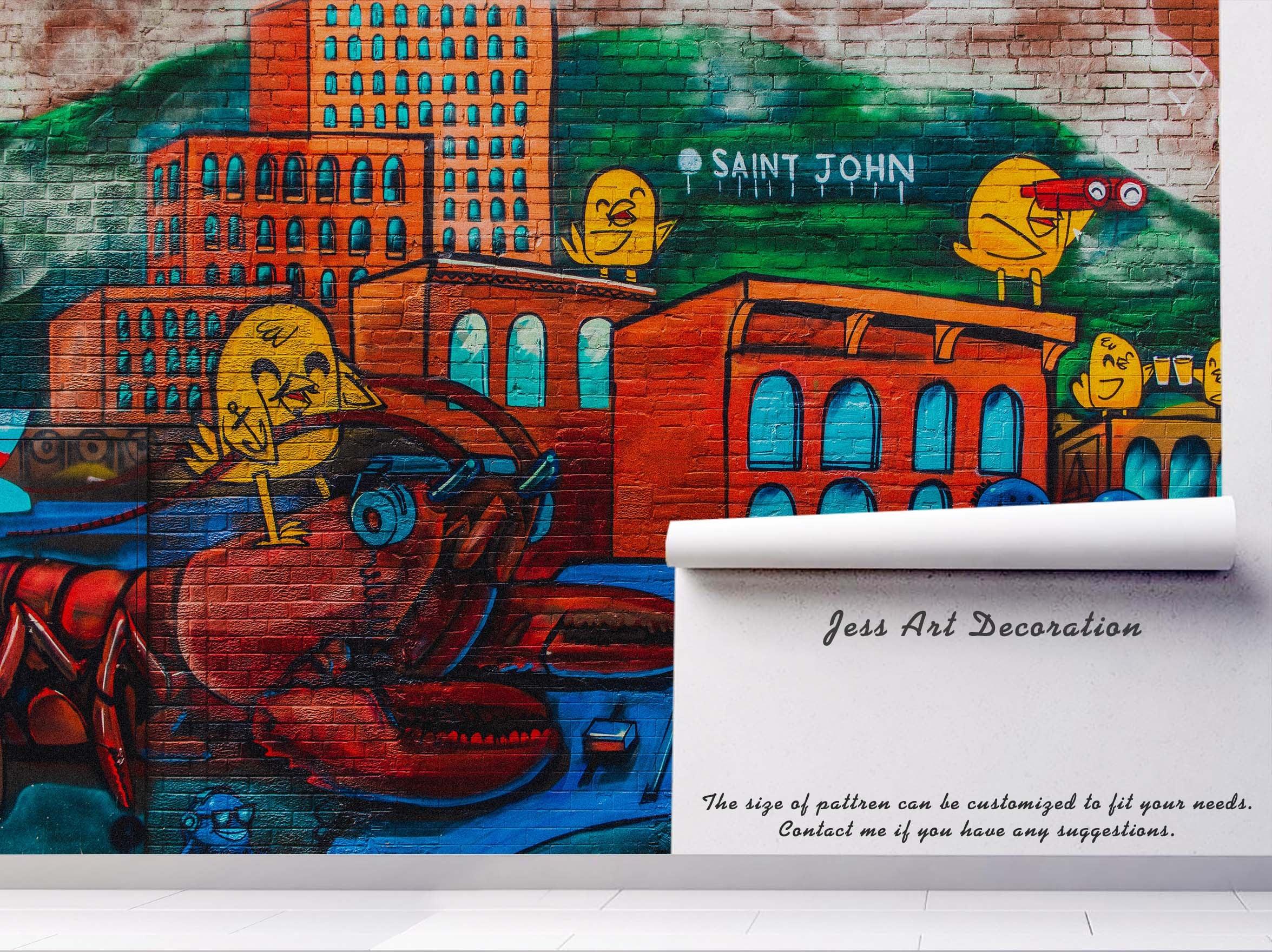 3D Red Brick Cartoon City Bird Graffiti Wall Mural Wallpaper 210- Jess Art Decoration
