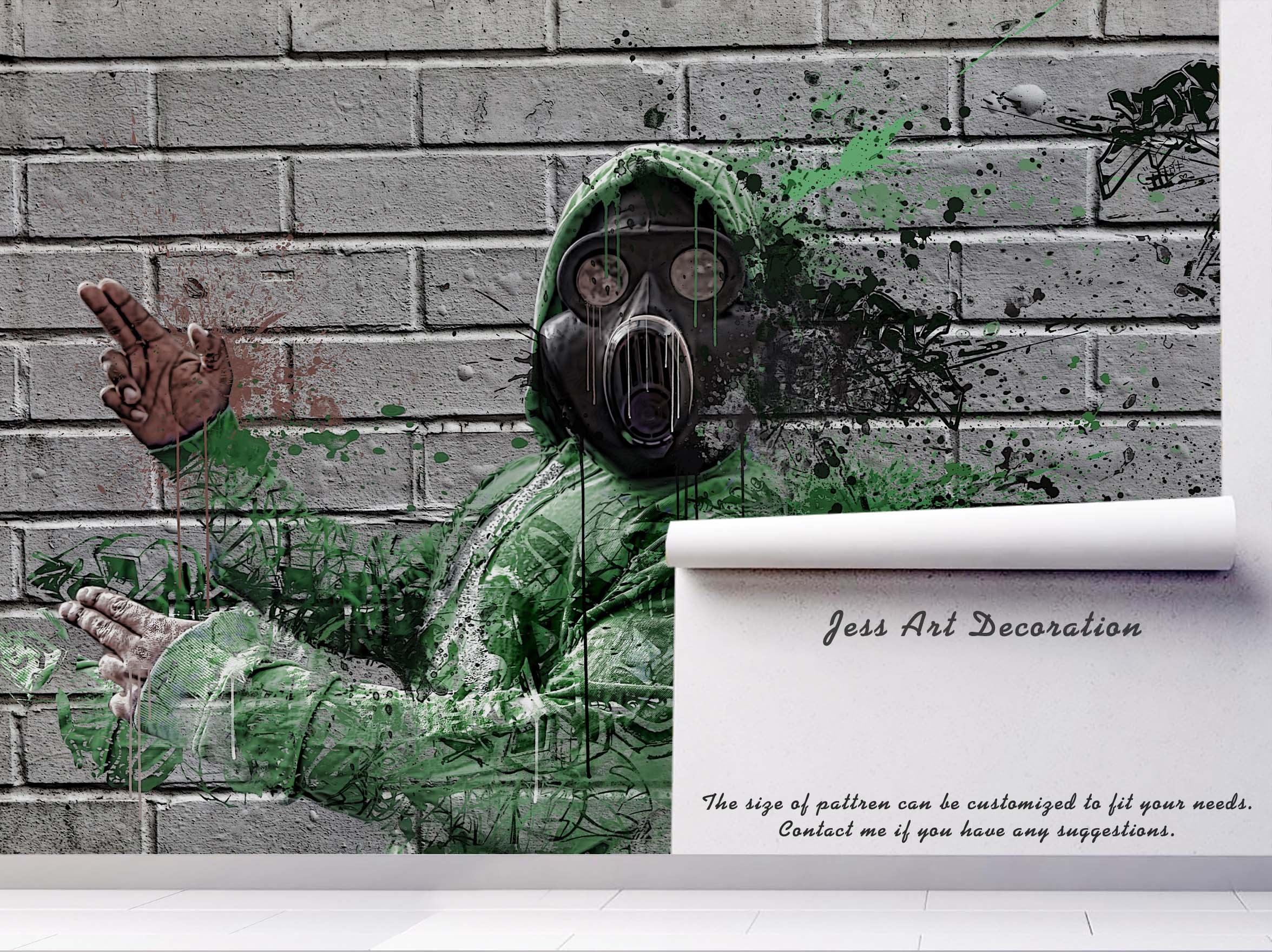 3D Grey Brick Gas Mask Graffiti Wall Mural Wallpaper 184- Jess Art Decoration