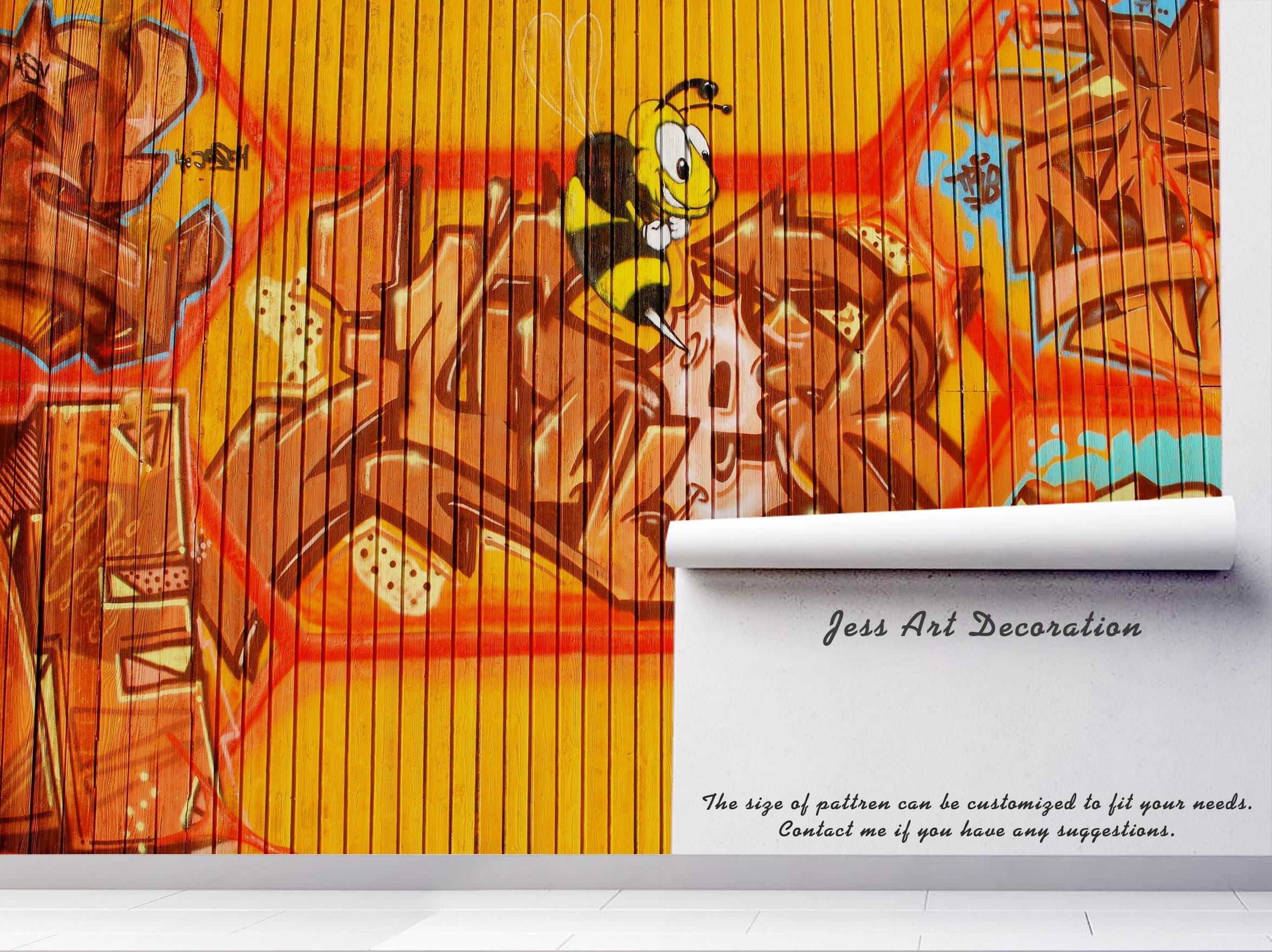 3D Orange Stripe Cartoon Bee Graffiti Wall Mural Wallpaper 106- Jess Art Decoration