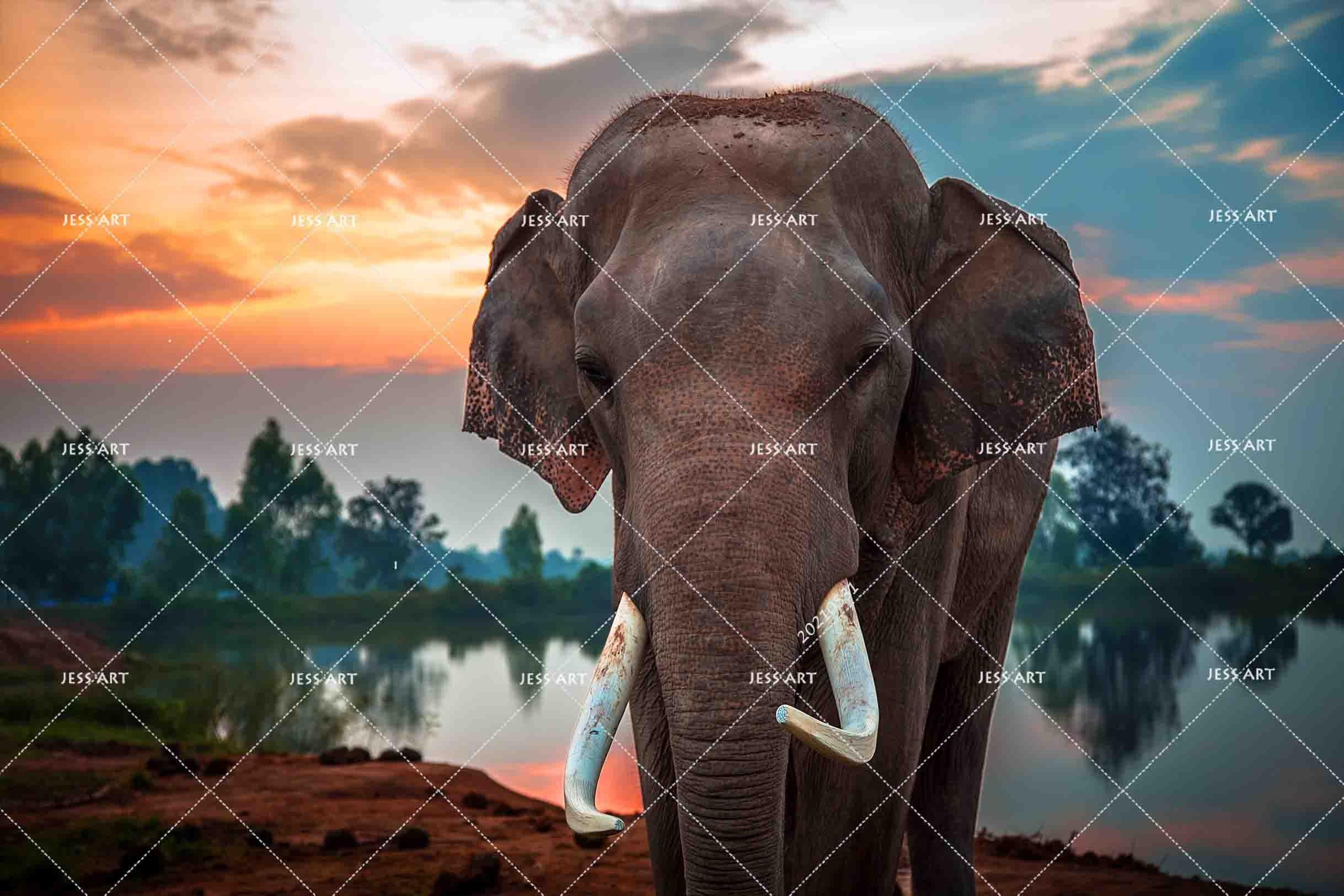 3D Tropics Elephant River Sunset Wall Mural Wallpaper SWW785- Jess Art Decoration