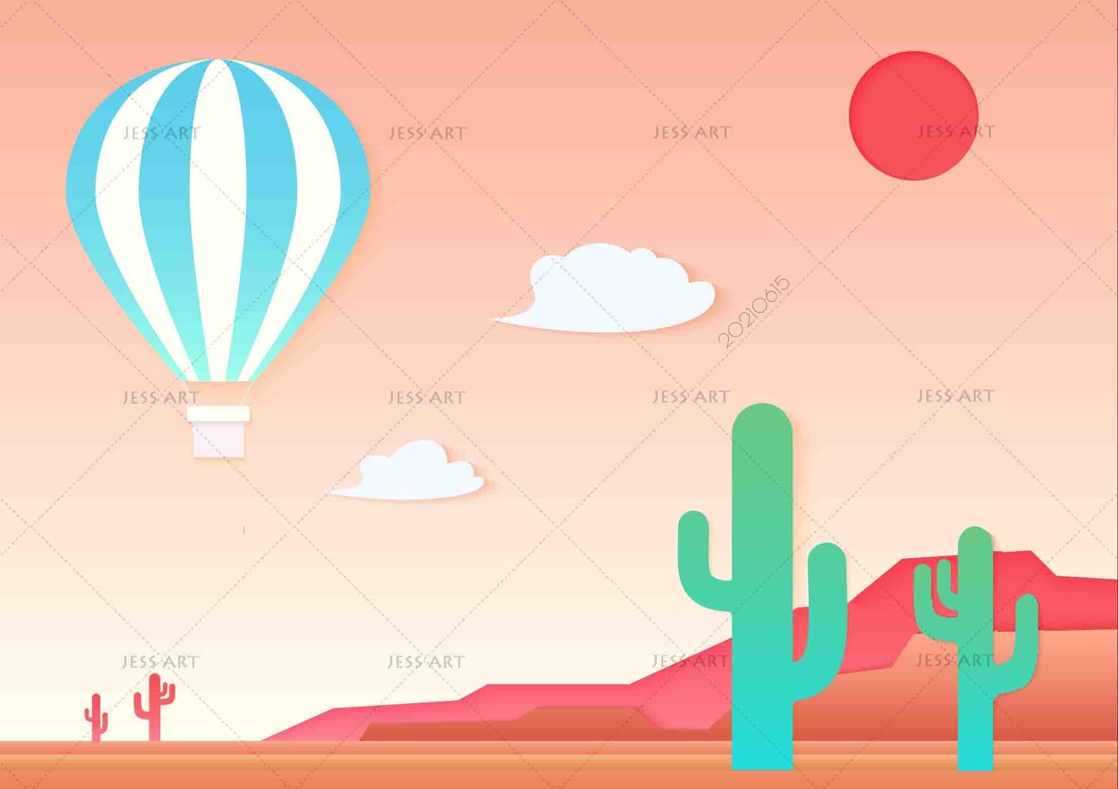 3D Northern Europe Hand-painted Desert Cactus Hot Air Balloon  Wall Mural Wallpaper SWW2479- Jess Art Decoration