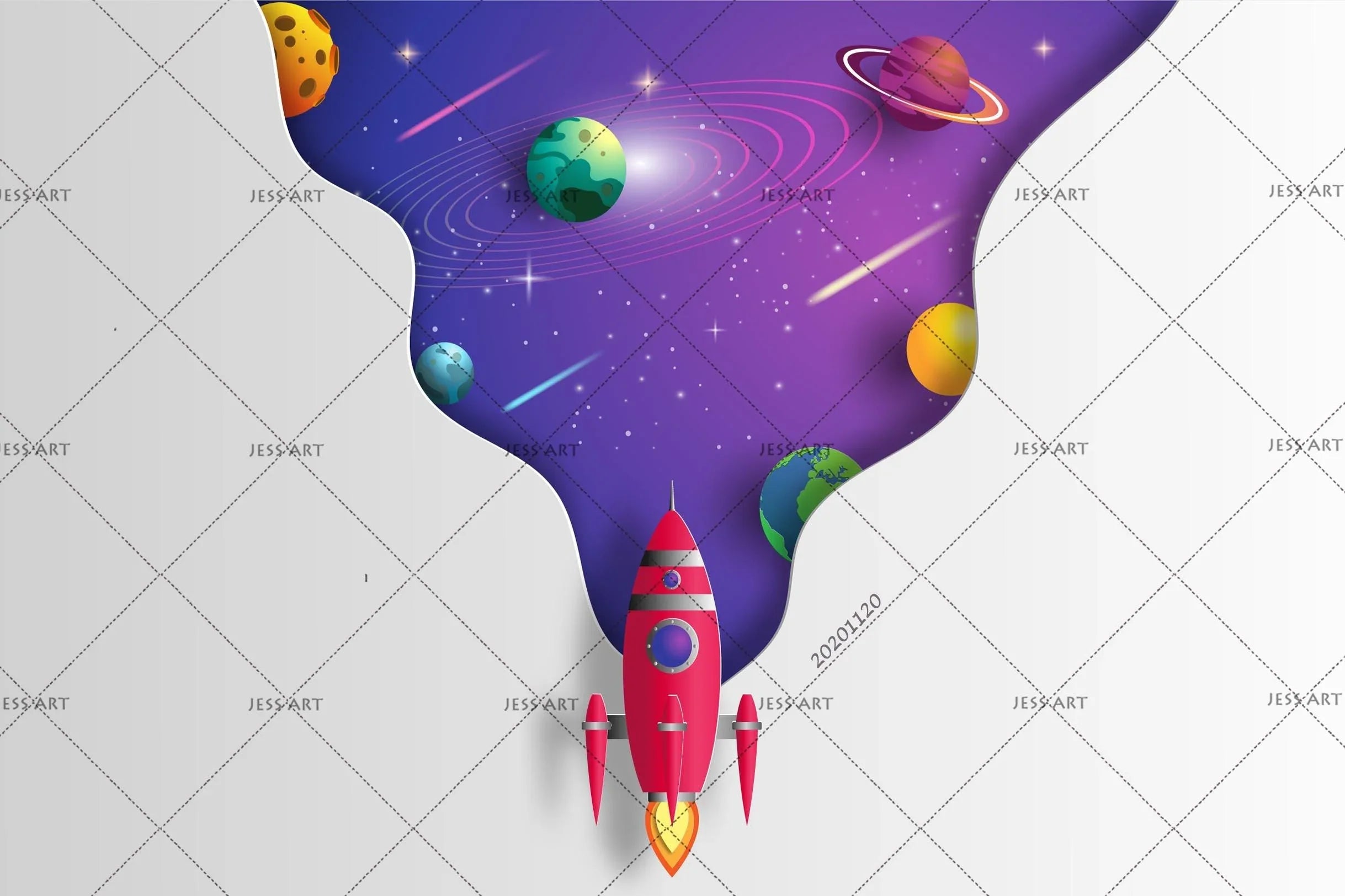 3D Cartoon Purple Space Rocket Planet Wall Mural Wallpaper LQH 282- Jess Art Decoration