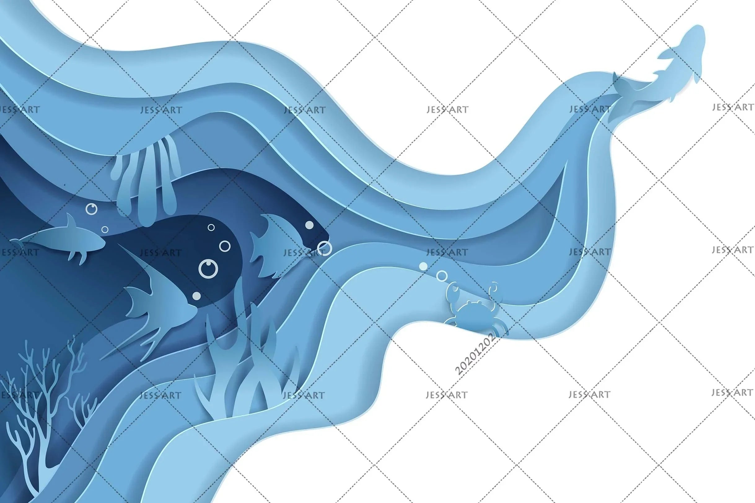 3D Cartoon Hand Drawn Deep Ocean Blue Bubble Fish Pattern Wall Mural Wallpaper LXL- Jess Art Decoration