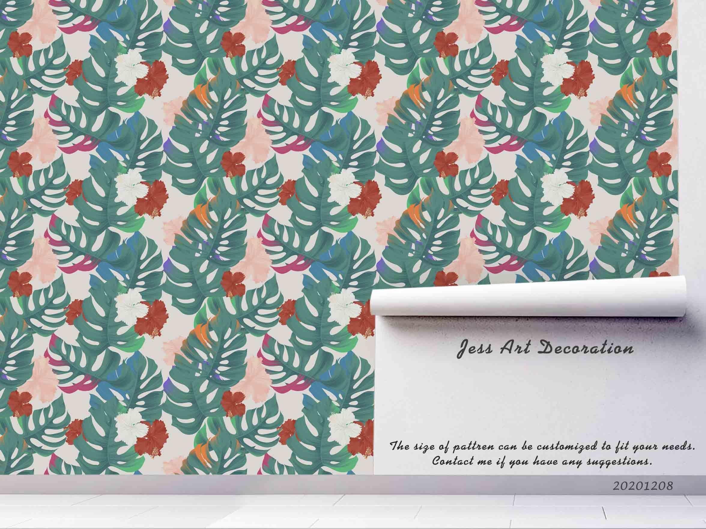 3D Hand Drawn Red Floral Green Palm Leaves Plant Pattern Wall Mural Wallpaper LXL- Jess Art Decoration