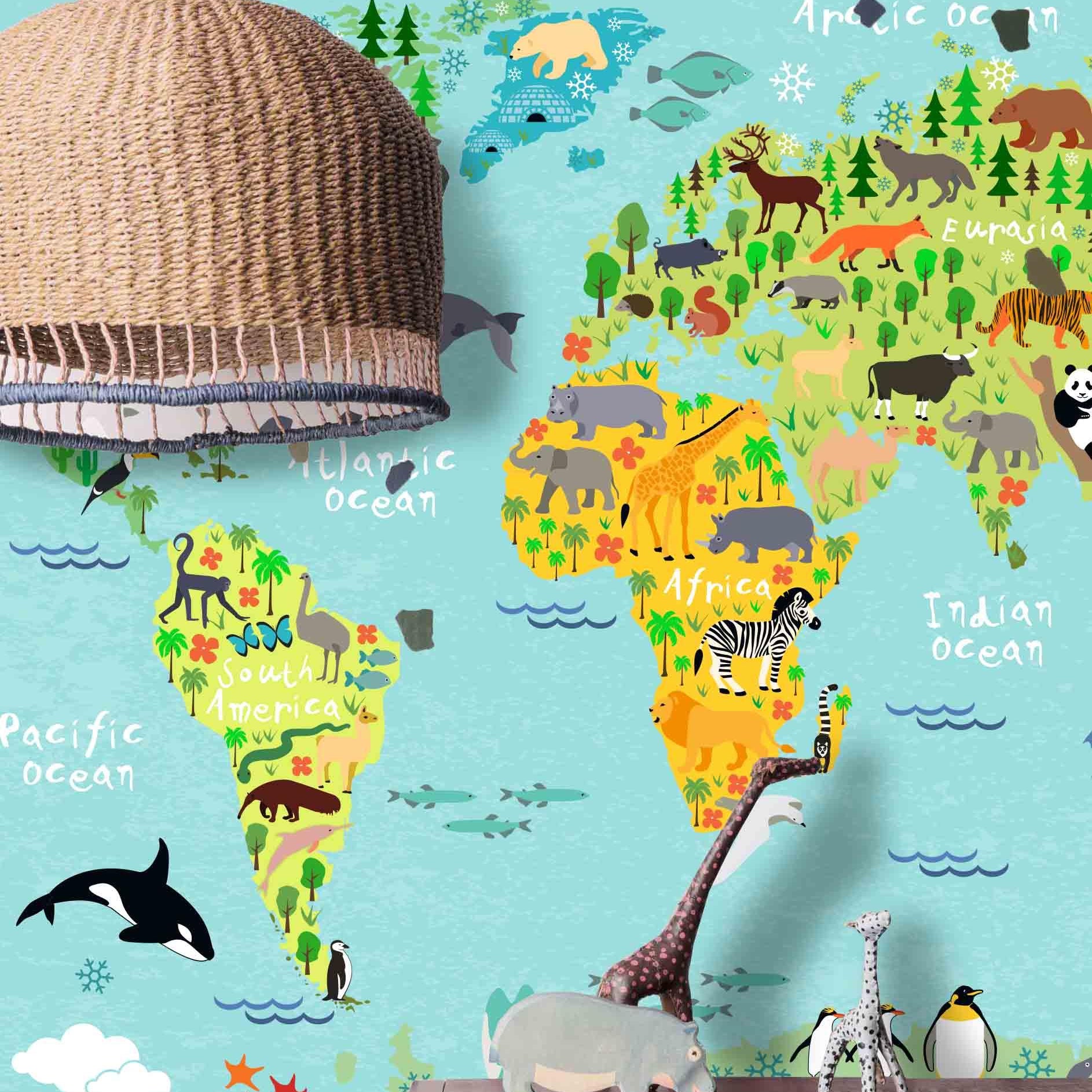 3D Color Cartoon World Map Wall Mural Wallpaper  4- Jess Art Decoration