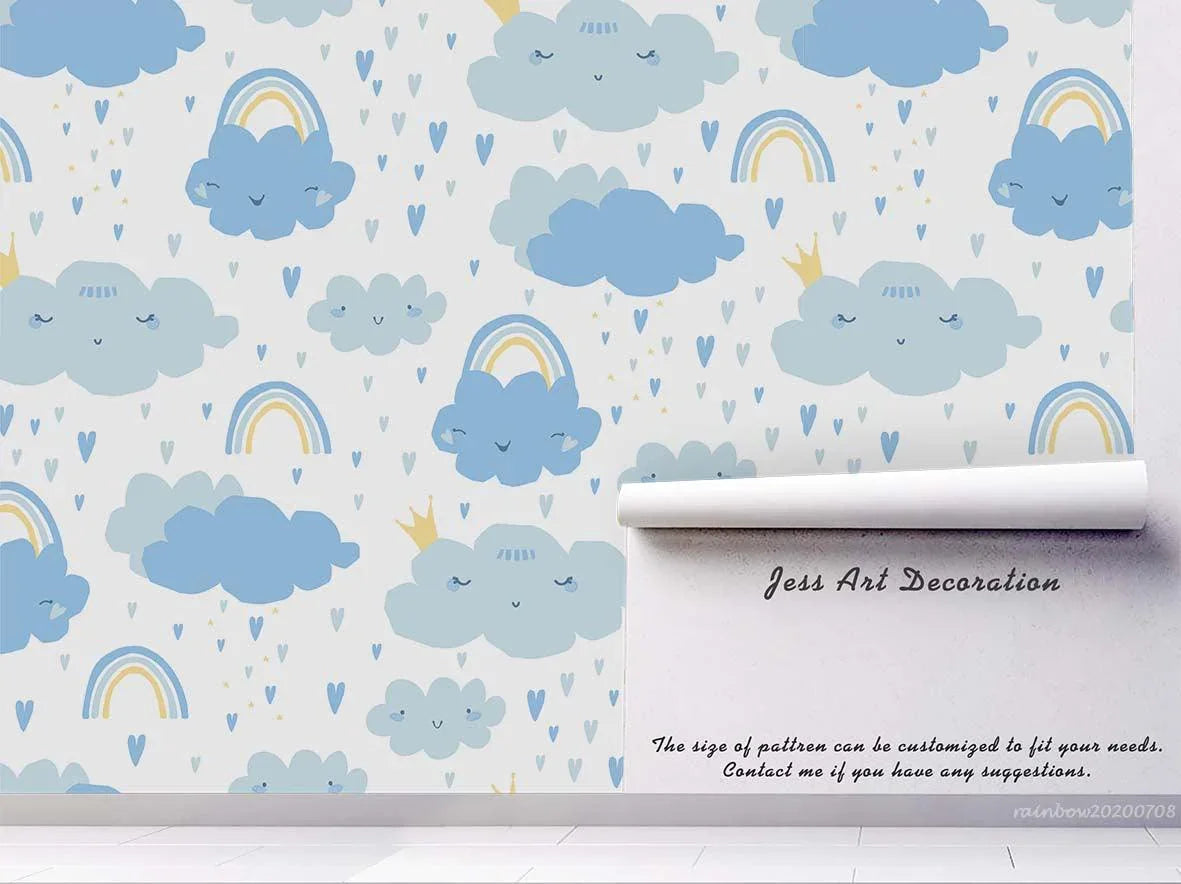 3D Cartoon Blue Cloud Rain Rainbow Wall Mural Wallpaper A199 LQH- Jess Art Decoration