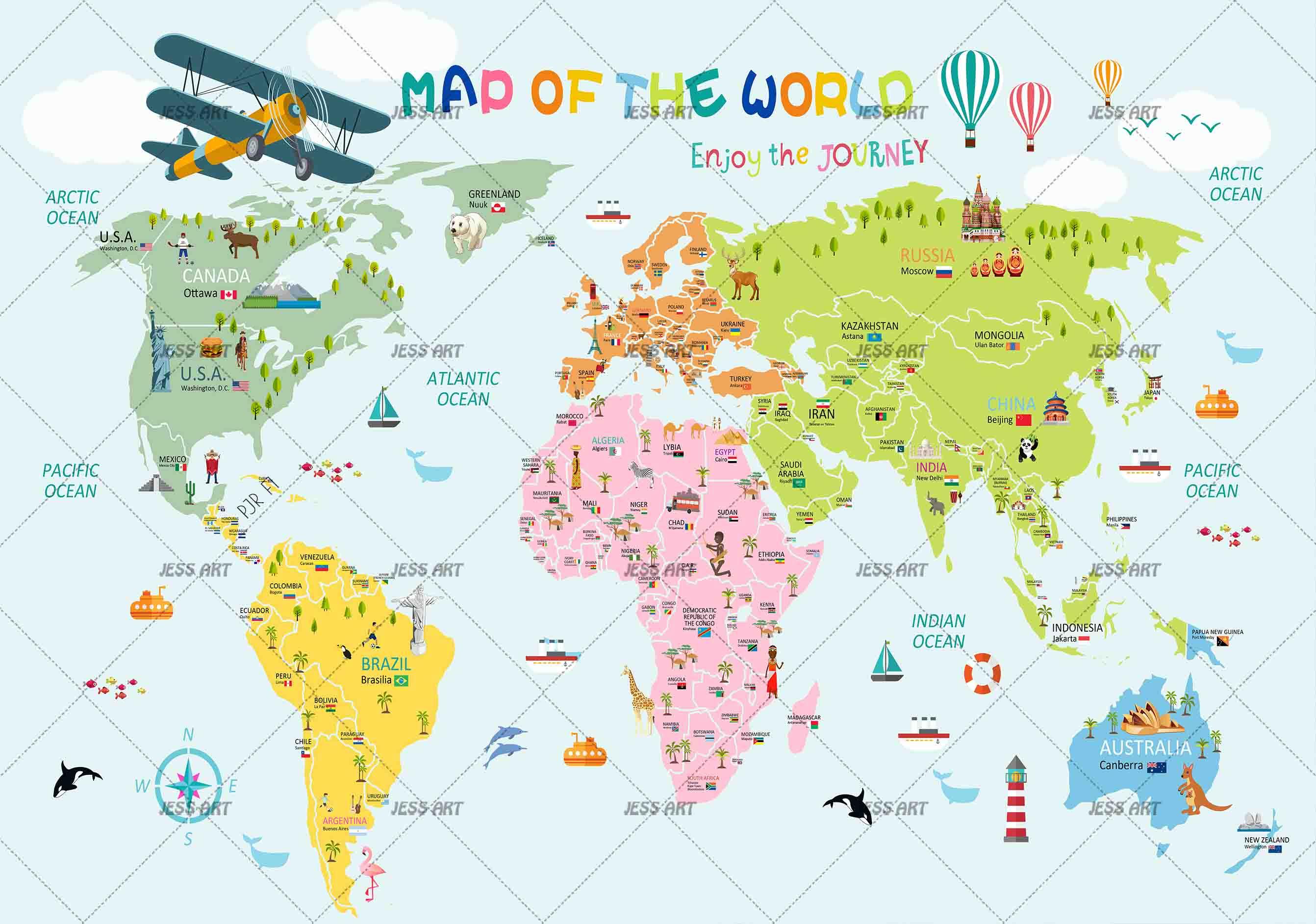 3D World Map Airplane Wall Mural Wallpaper WJ 2079- Jess Art Decoration