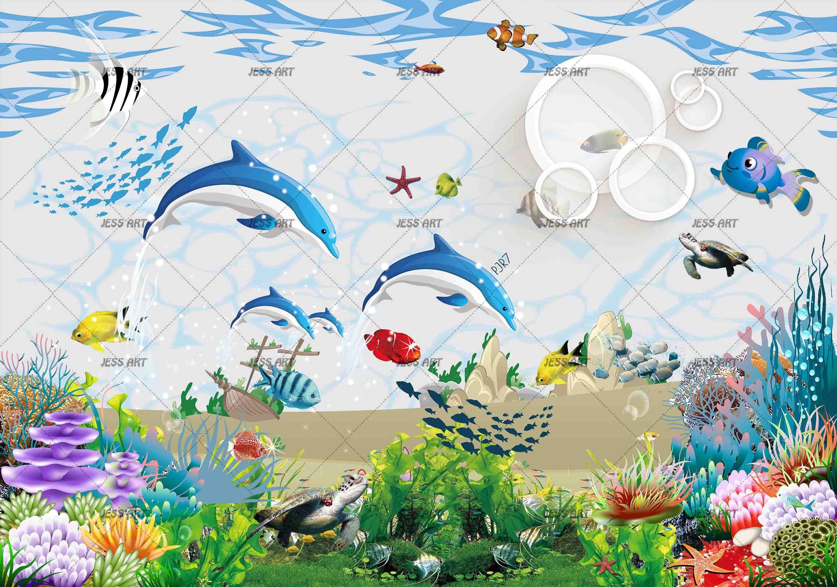 3D Dolphin Sea Fish cartoon dolphin sea life mural wall mural wallpaper for kids room - view 5