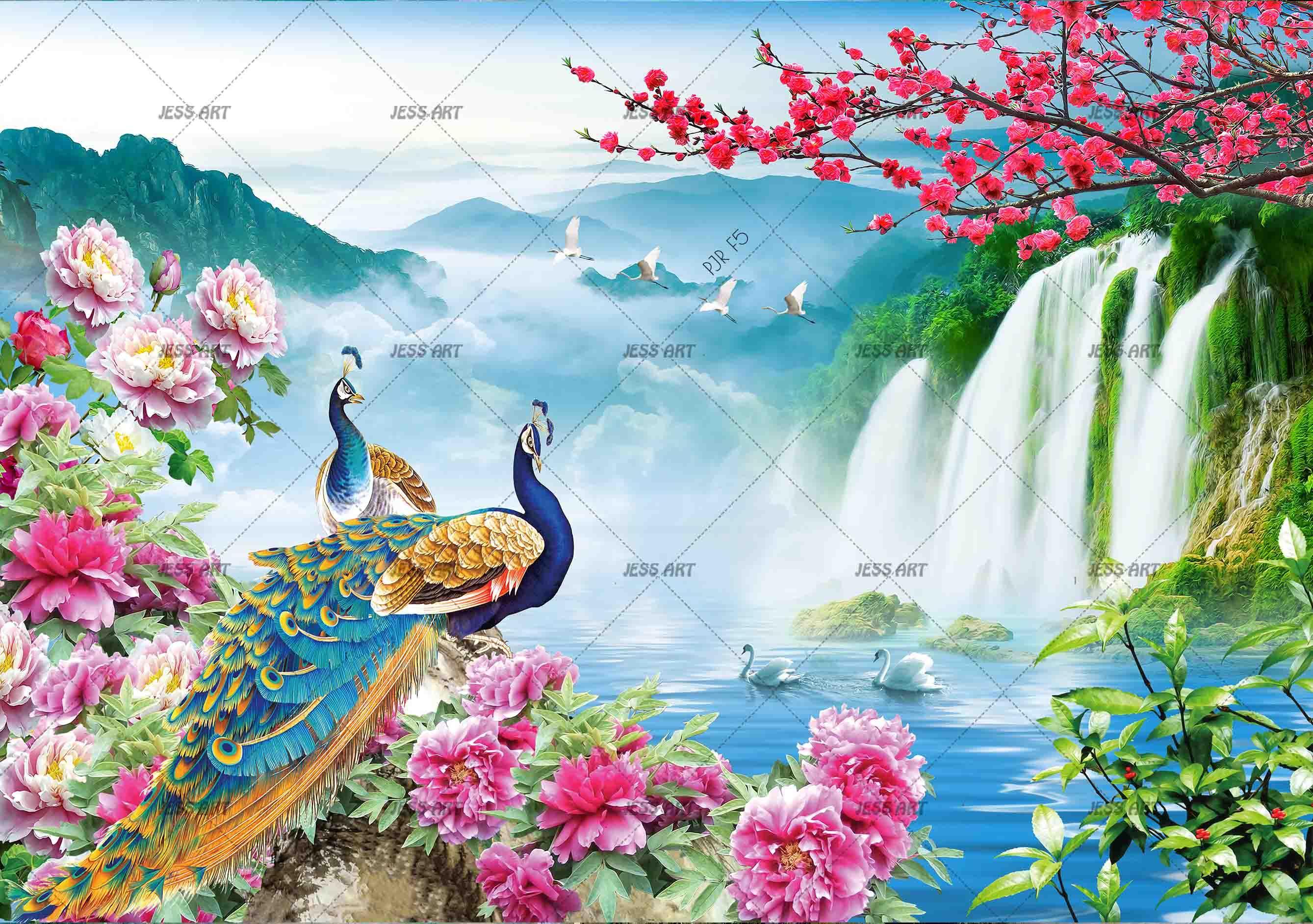 3D Peacock Waterfall Garden peacock waterfall nature scene wall mural wallpaper for living room - view 10
