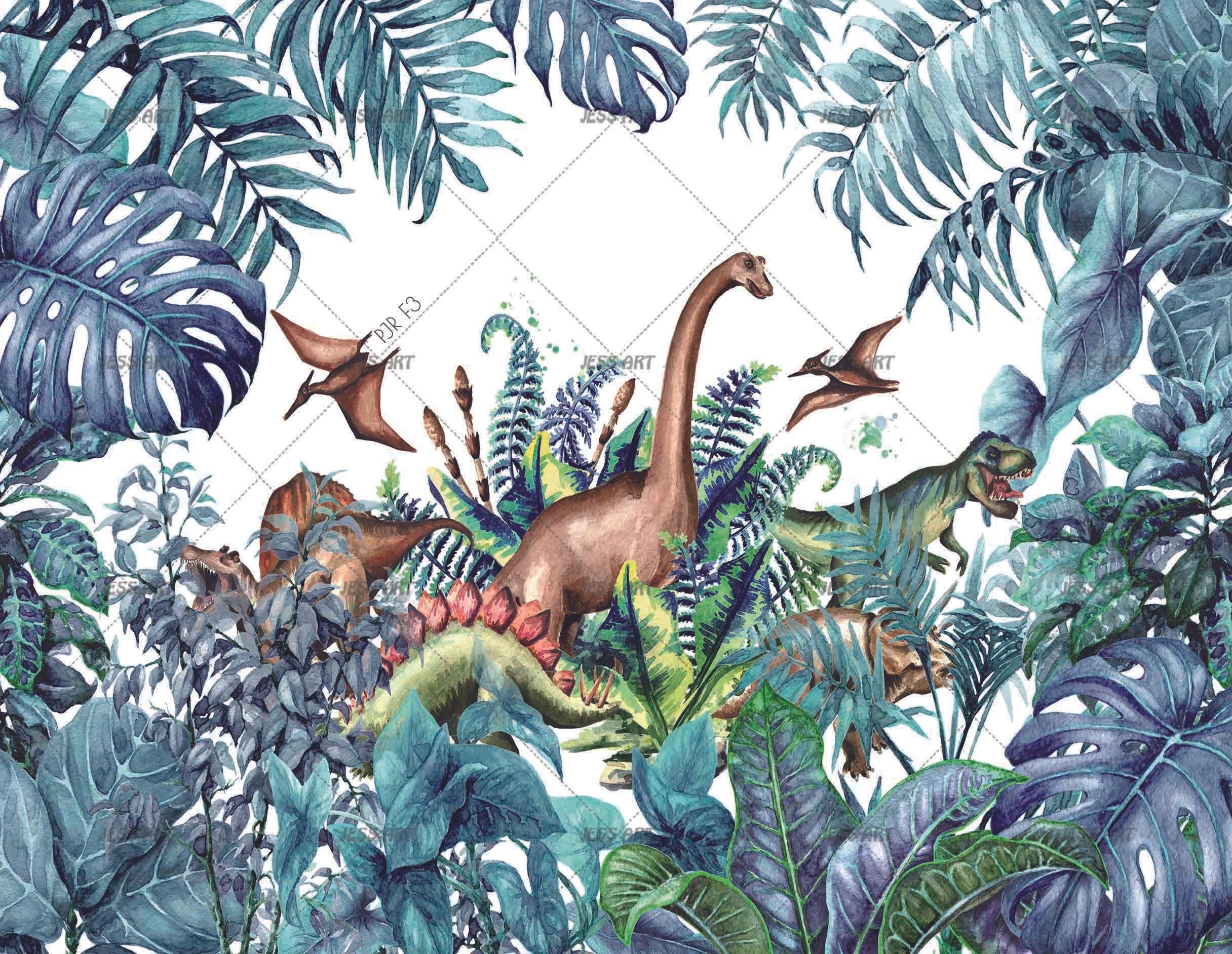 3D Dinosaur Jungle hand drawn dinosaur jungle scene wall mural wallpaper for kids room - view 5