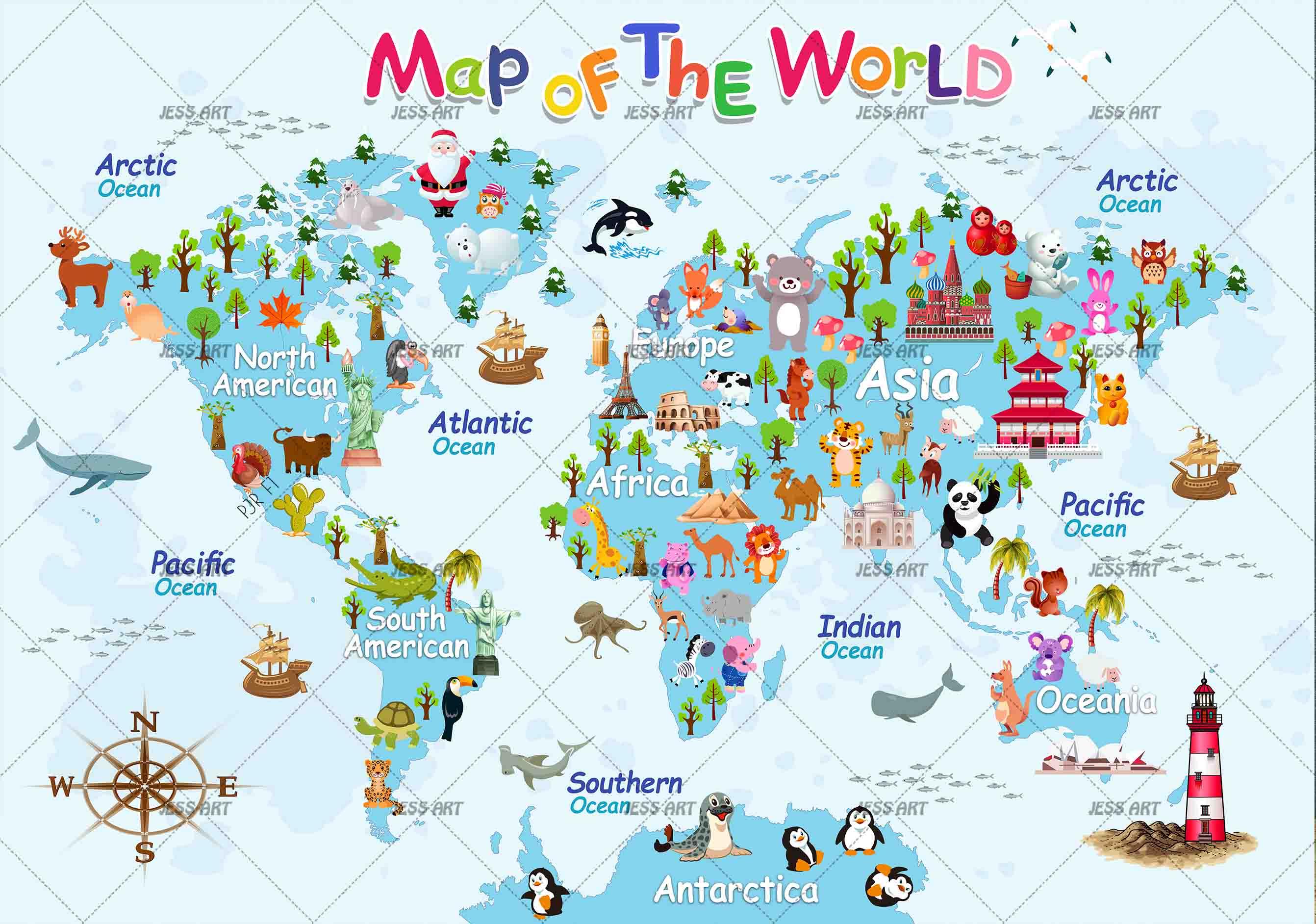 3D Cartoon World Map Wall Mural Wallpaper WJ 2083- Jess Art Decoration